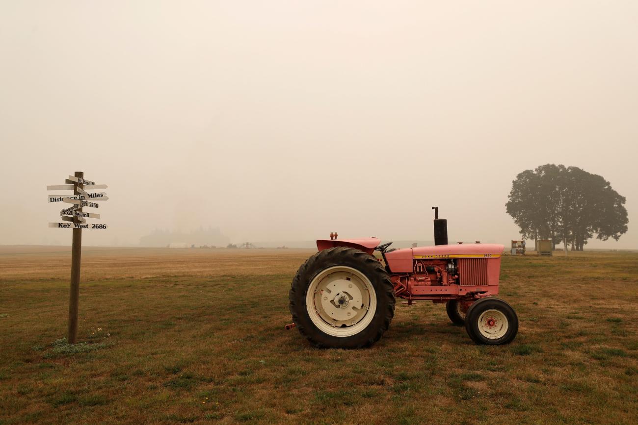 A pink tractor sits at Iverson Family Farms near Monitor, Oregon, U.S., September 17, 2020.