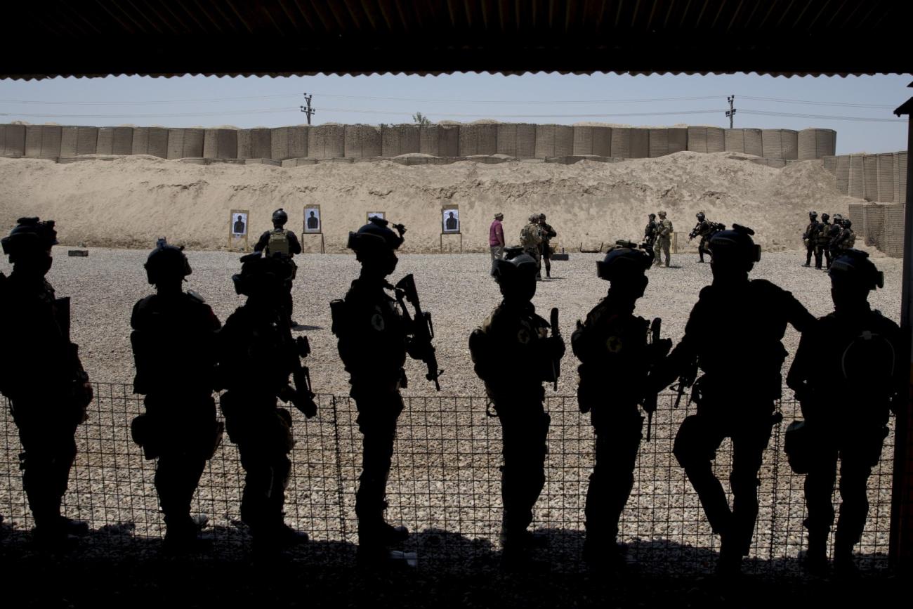 Members of the Iraqi military train at the Counter Terrorism Service training location, as observed by U.S. Defense Secretary Ash Carter in Baghdad