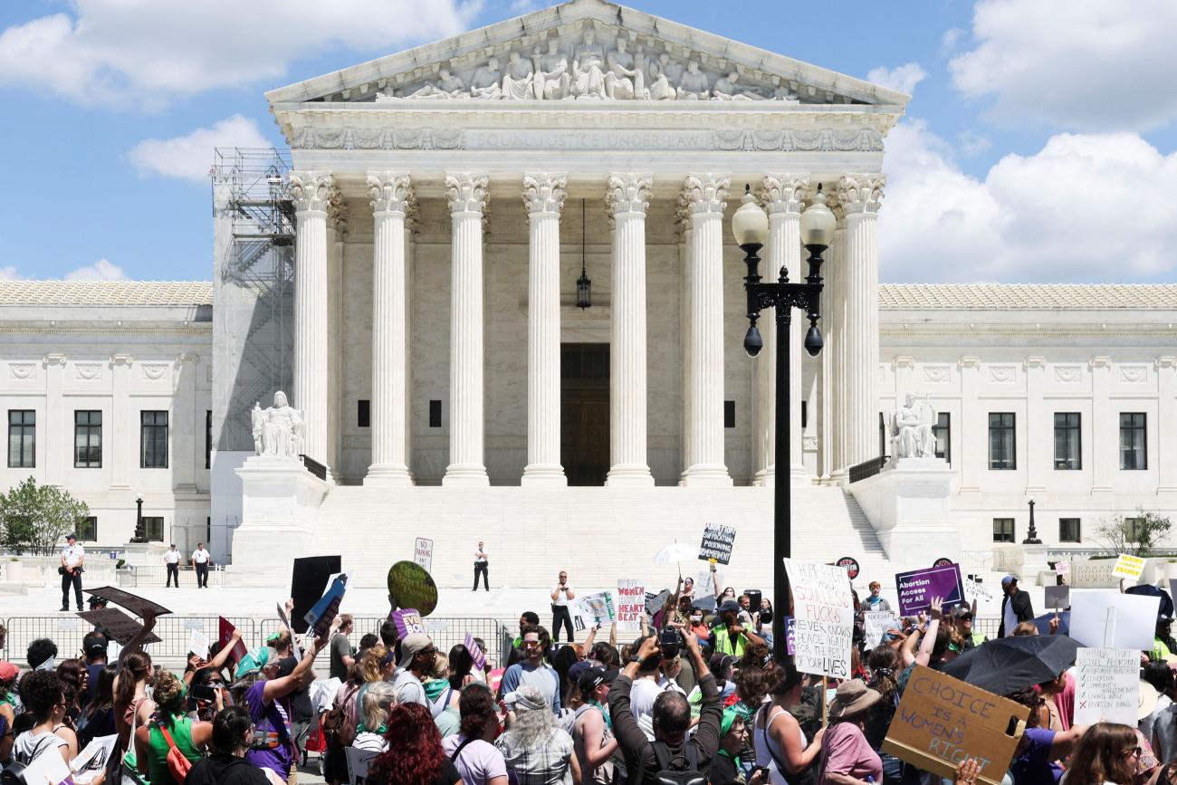 Abortion rights demonstrators rally to mark the first anniversary of the U.S. Supreme Court ruling in the Dobbs v Women's Health Organization case.