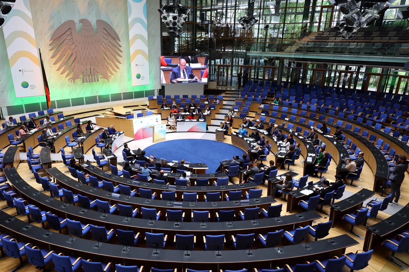 A general view shows the plenary hall during an international replenishment conference for the United Nations Green Climate Fund.