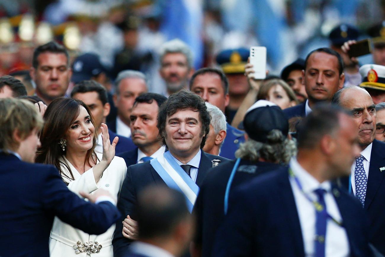 Argentina's President Javier Milei and Vice President Victoria Villarruel walk to the Metropolitan Cathedral.