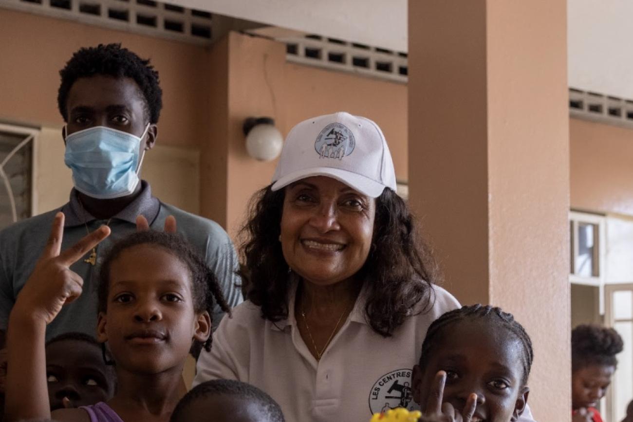 Marie Marcelle Deschamps is seen with a group of children in Haiti, in 2021.