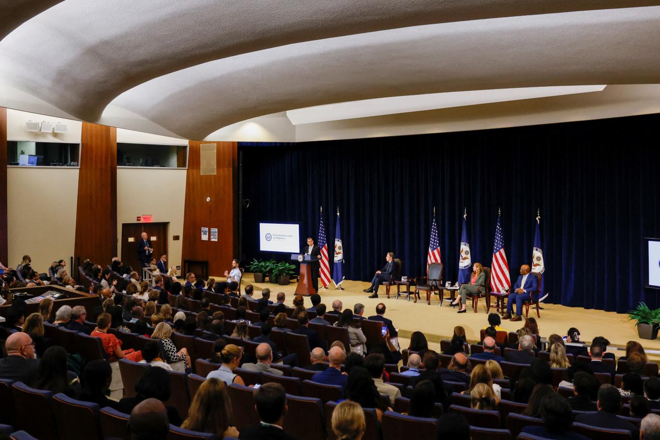 HHS Secretary Xavier Becerra delivers remarks at the launch of the Bureau of Global Health Security and Diplomacy at the State Department.