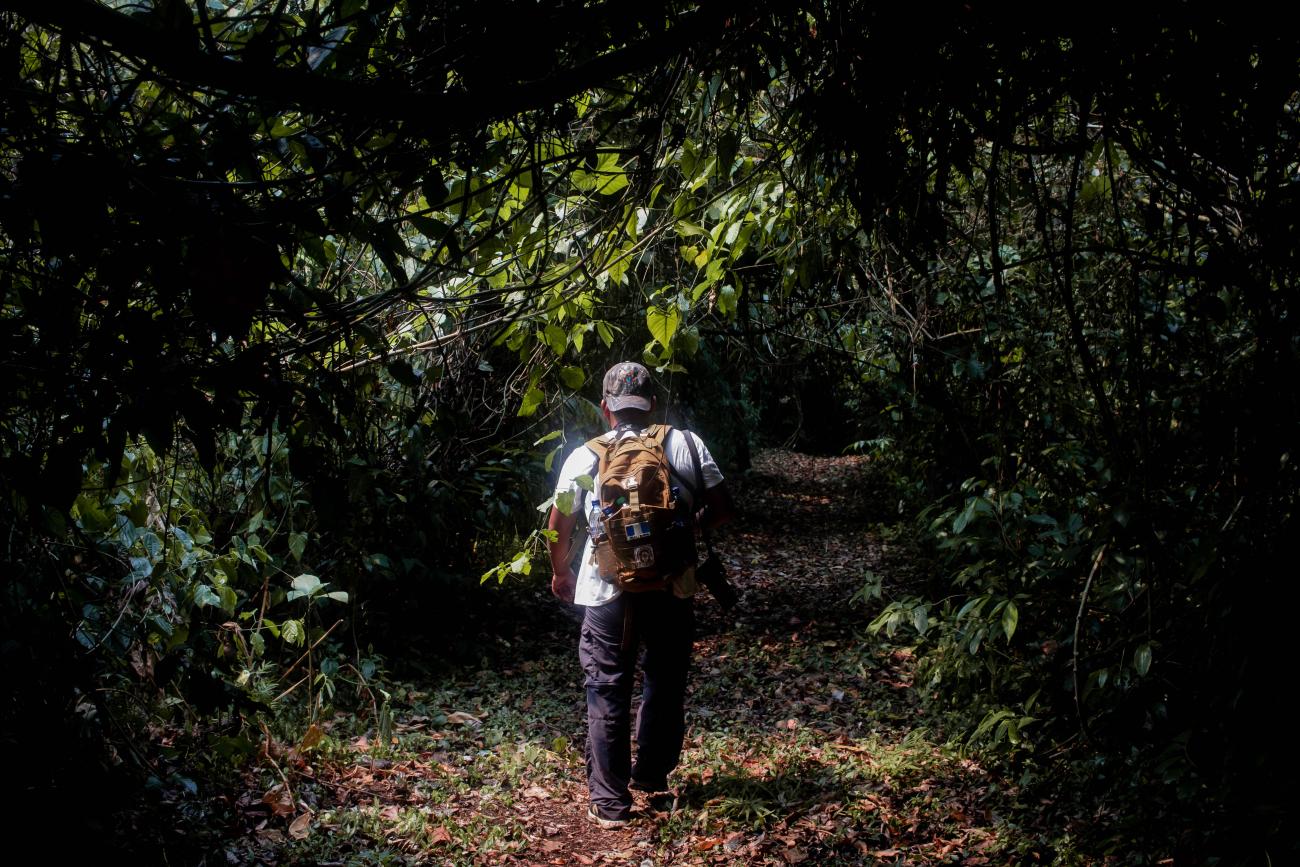A community member and tour guide promoting ecotourism walks through the rainforest.