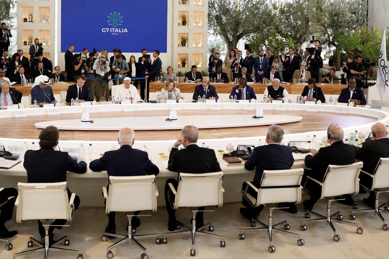 Pope Francis, G7 leaders and guests attend a session on the second day of the G7 summit at the Borgo Egnazia resort.