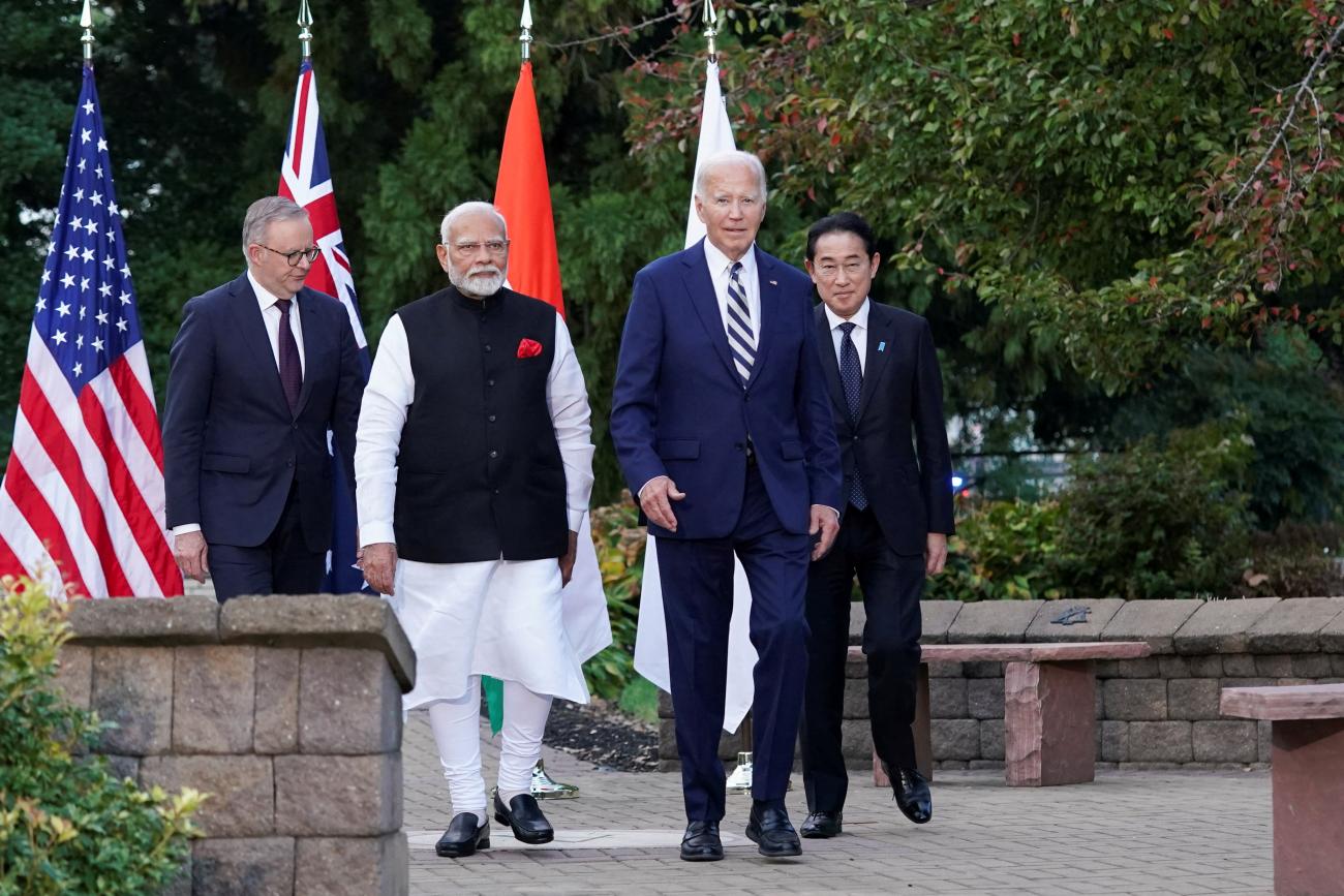 President Joe Biden, Prime Minister Fumio Kishida, Prime Minister Anthony Albanese, and Prime Minister Narendra Modi arrive for a Cancer Moonshot announcement.
