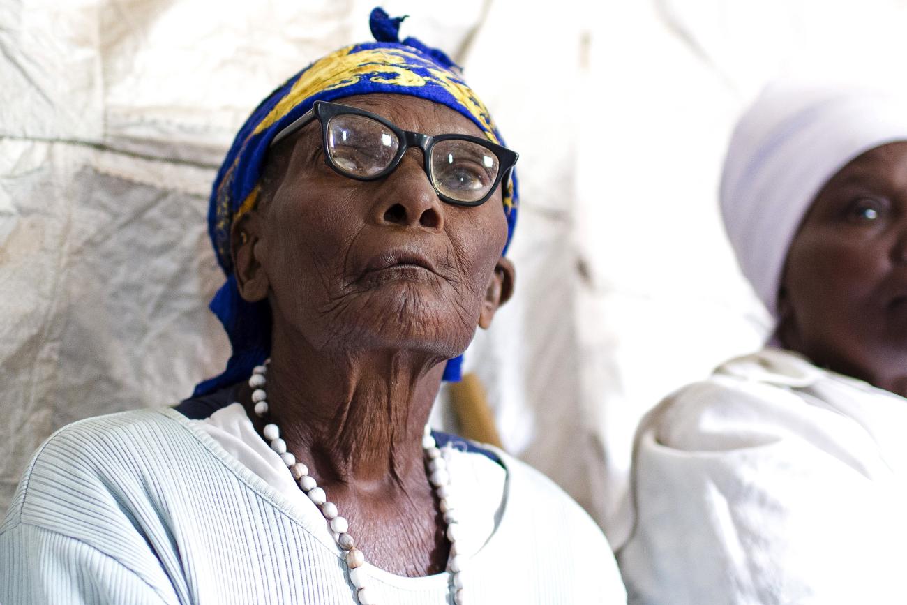 An elderly woman attends a class run by the Ujamaa self-defense program, in Nairobi, Kenya, on April 23, 2015.   