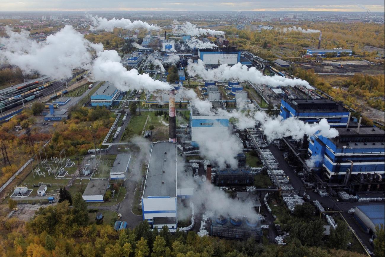 An aerial view shows a plant of Omsktechuglerod company producing carbon black.
