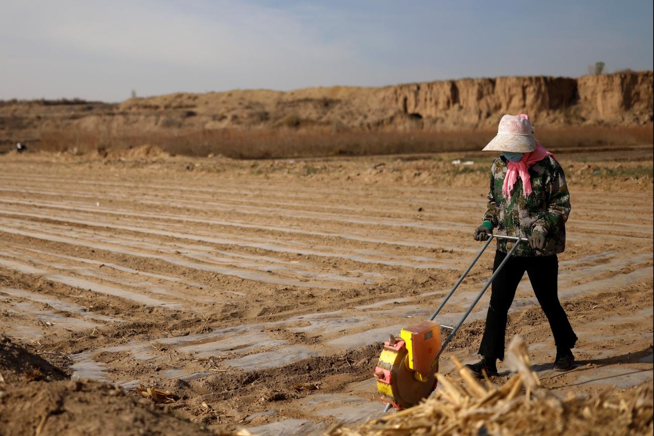 A worker uses a planter to plant corn seed in a village near the edge of the Gobi Desert, on the outskirts of Wuwei, Gansu province, China, on April 14, 2021.