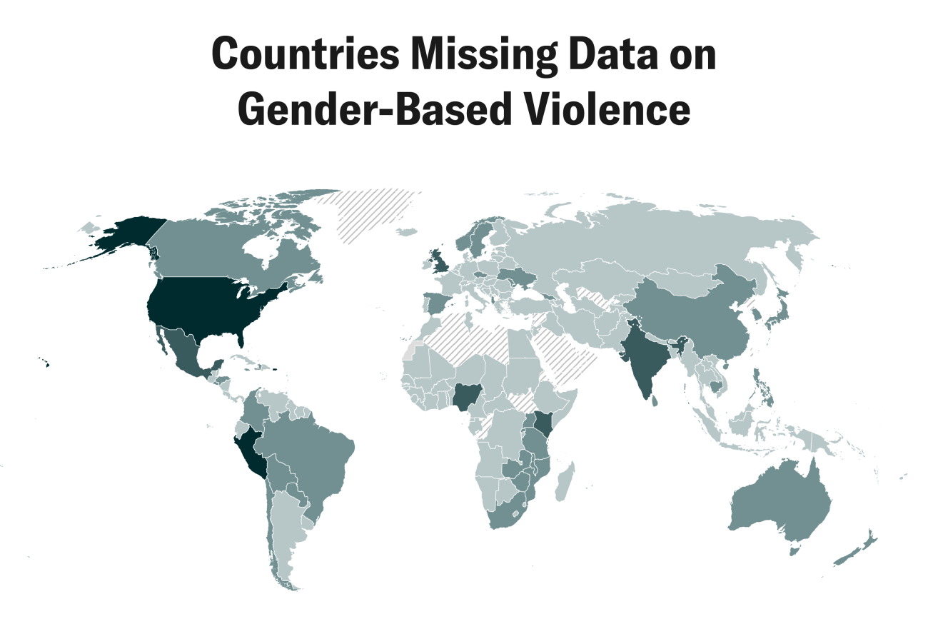 A world map titled "Countries Missing Data on Gender-Based Violence." Various countries are shaded in different tones of green to indicate missing data, with darker shades representing less significant data gaps. Some countries are marked with diagonal stripes, indicating unavailable data. The map illustrates a global pattern of data insufficiency on gender-based violence.