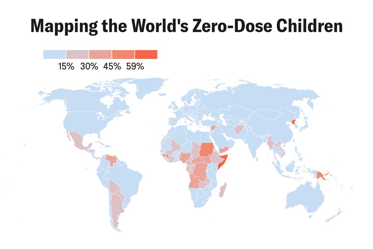 A world map titled "Mapping the World’s Zero-Dose Children" shows the proportion of children in 2023 who had never received a single vaccine dose. Countries are shaded in a gradient from light blue (15%) to dark red (59%) to indicate the percentage of unvaccinated children. Somalia is labeled, noting it had the greatest proportion of unvaccinated children in 2023. Other countries with high proportions include Haiti and Papua New Guinea. Map by CFR/Allison Krugman, source: IHME.