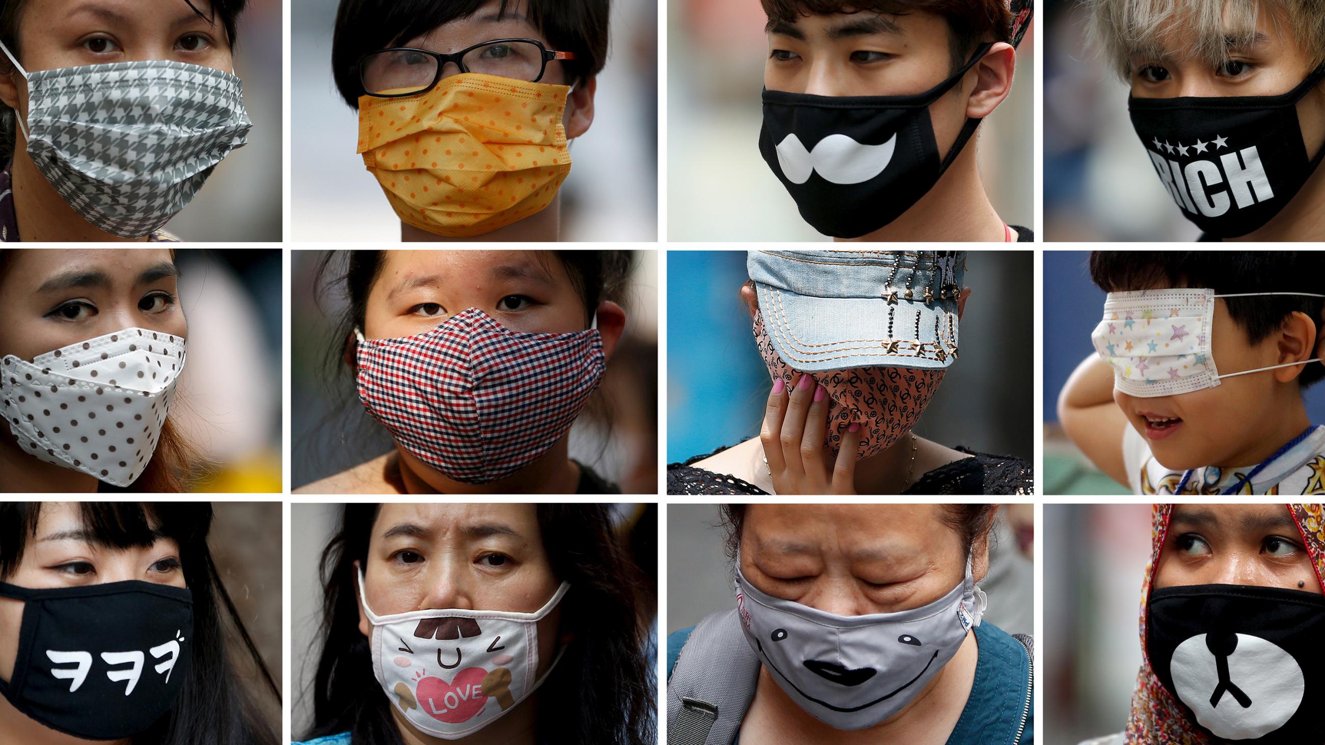 Combination picture shows people wearing a wide variety of masks. 