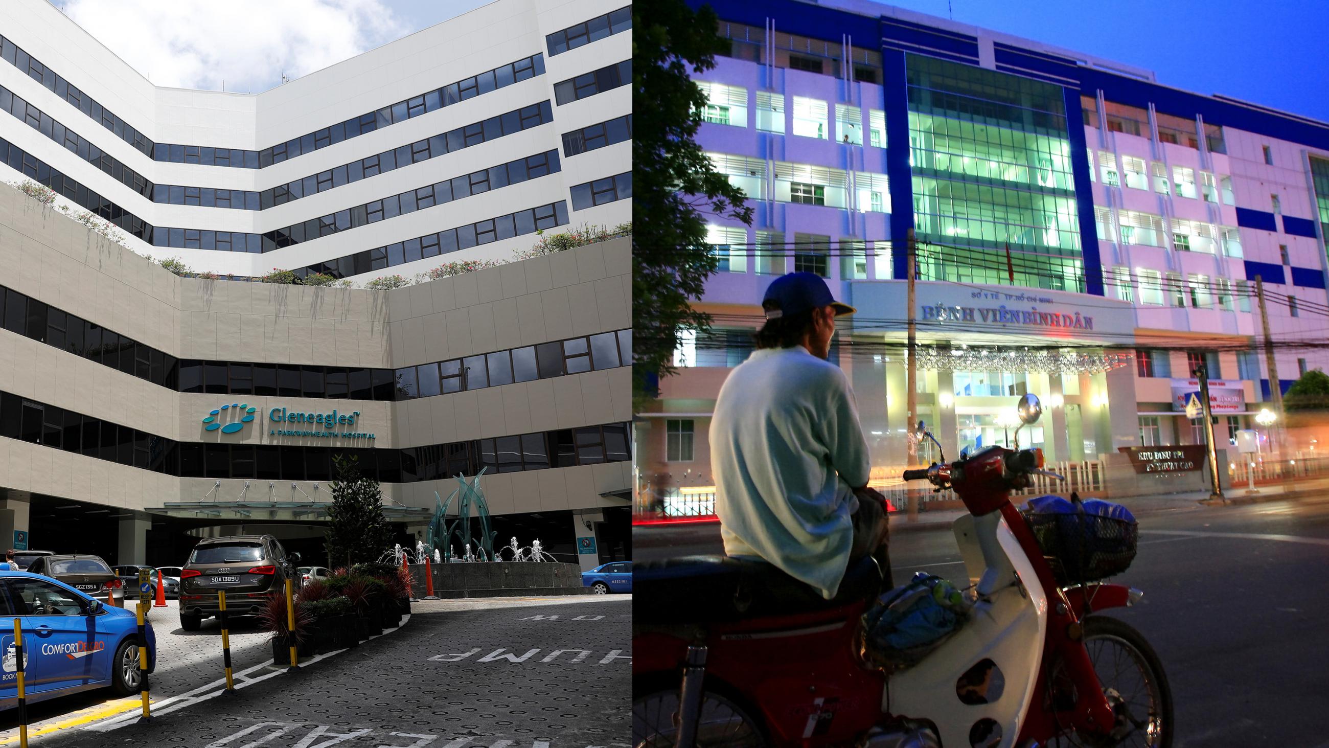 Photo shows two hospitals side by side, one pictured during the day and the other at night.