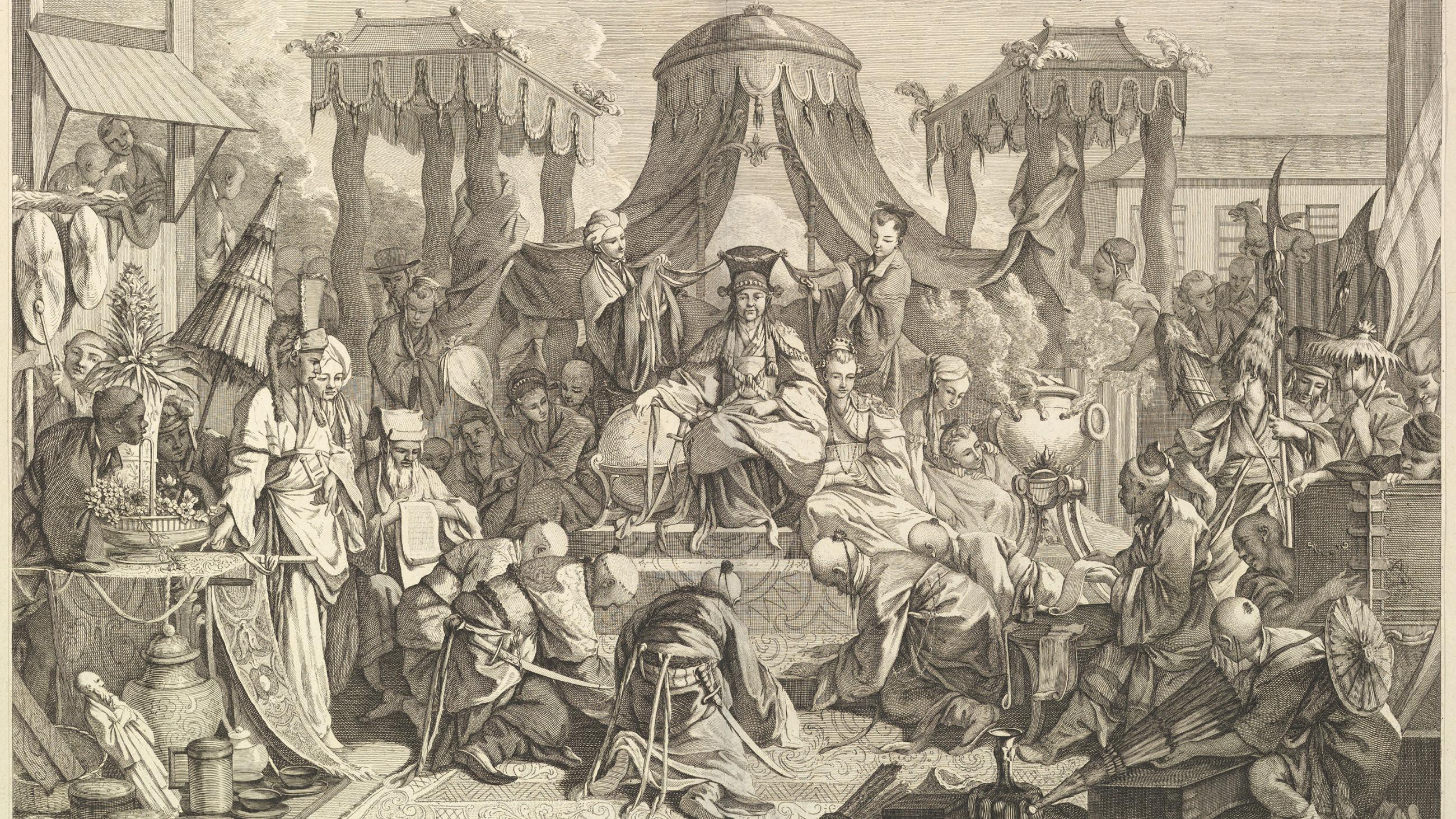 The engraving shows an elaborate court scene in ancient China with lots of courtiers surrounding the emperor and a group of people paying tribute, bowing at his feet. 