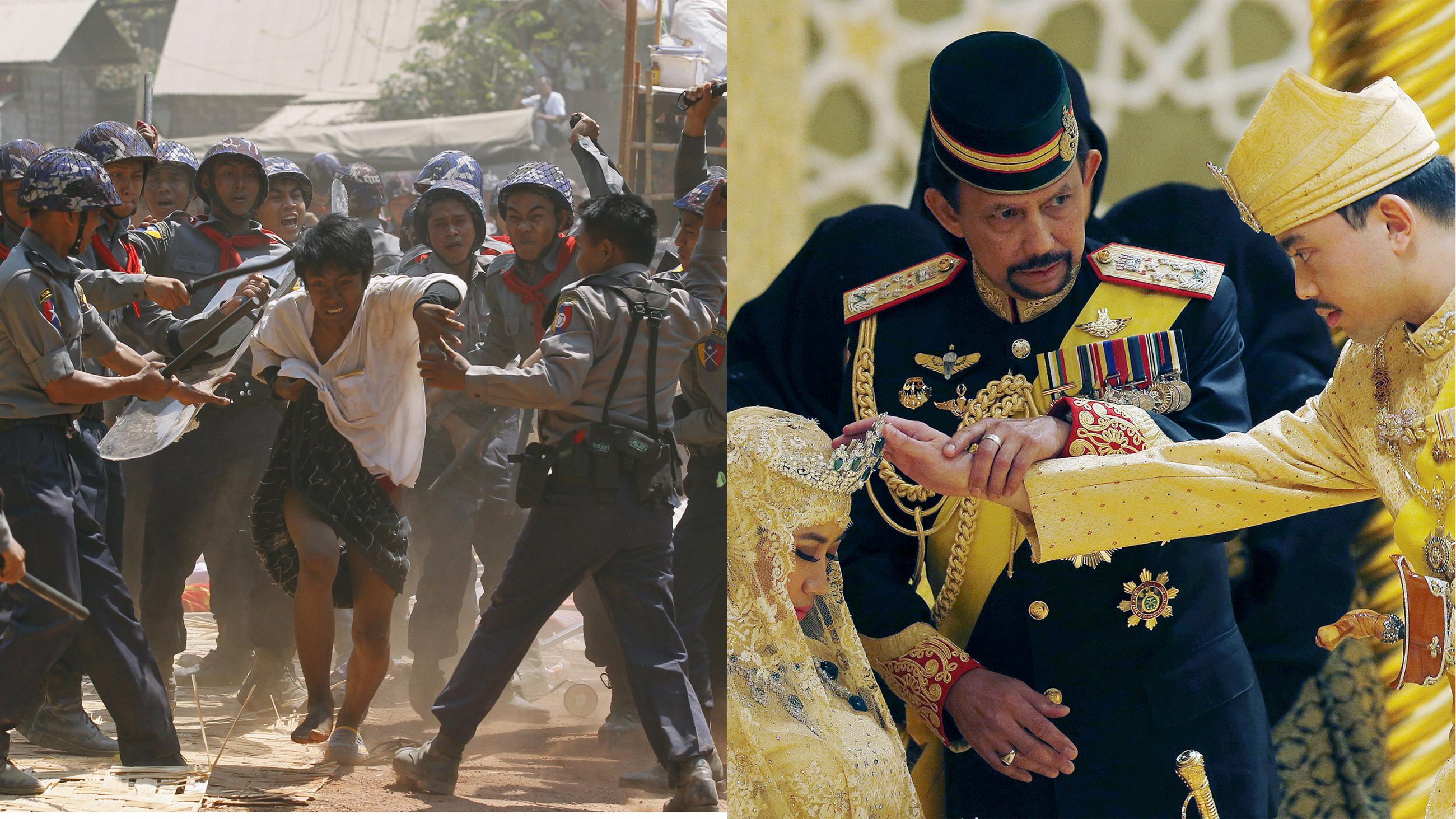 The image has two very contrasting photos. One shows a group of soldiers violently beating a protester with batons and the other is a royal wedding with ever square centimeter covered in opulence.