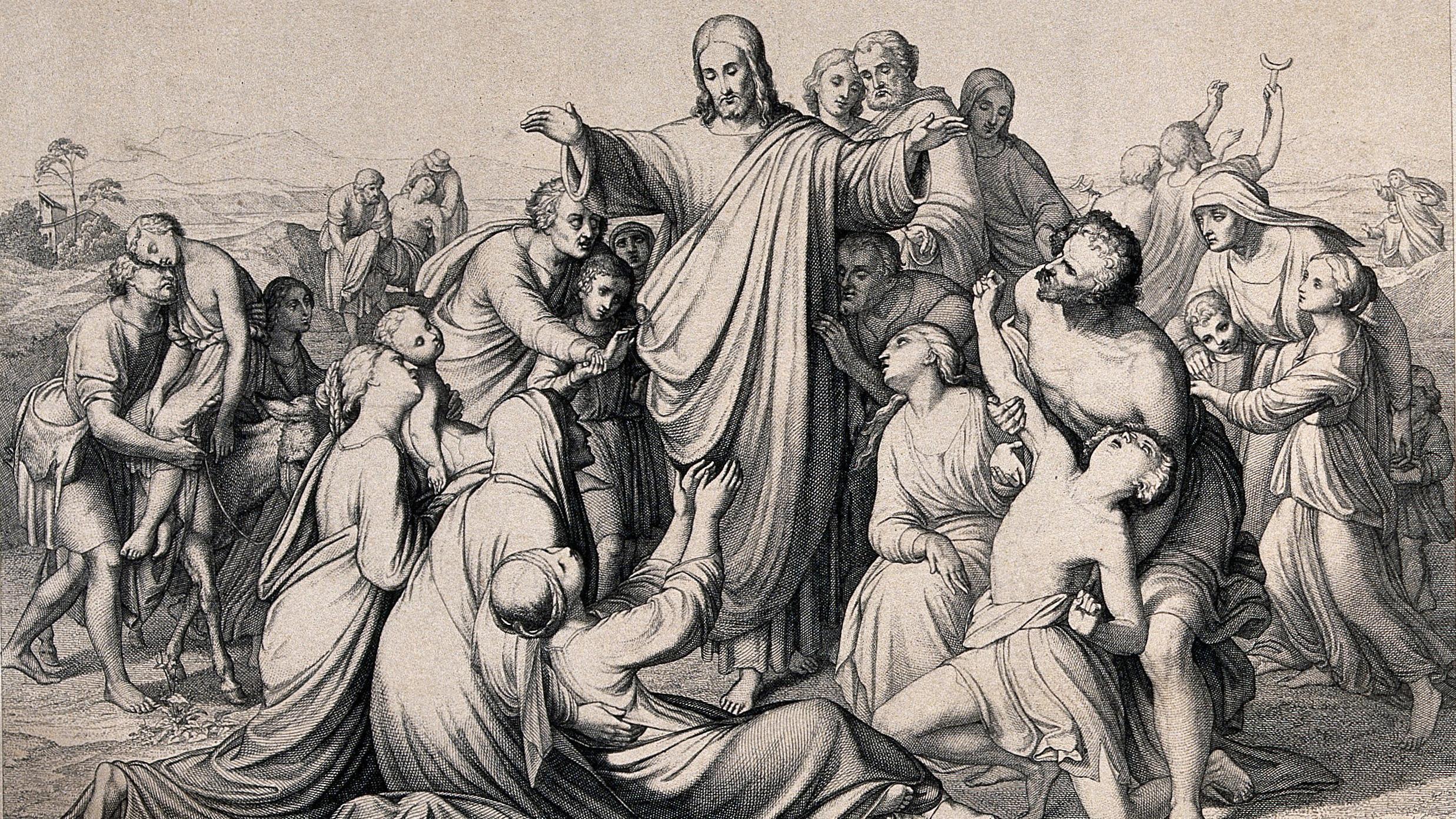 The engraving shows a depiction of Jesus Christ surrounded by people. 