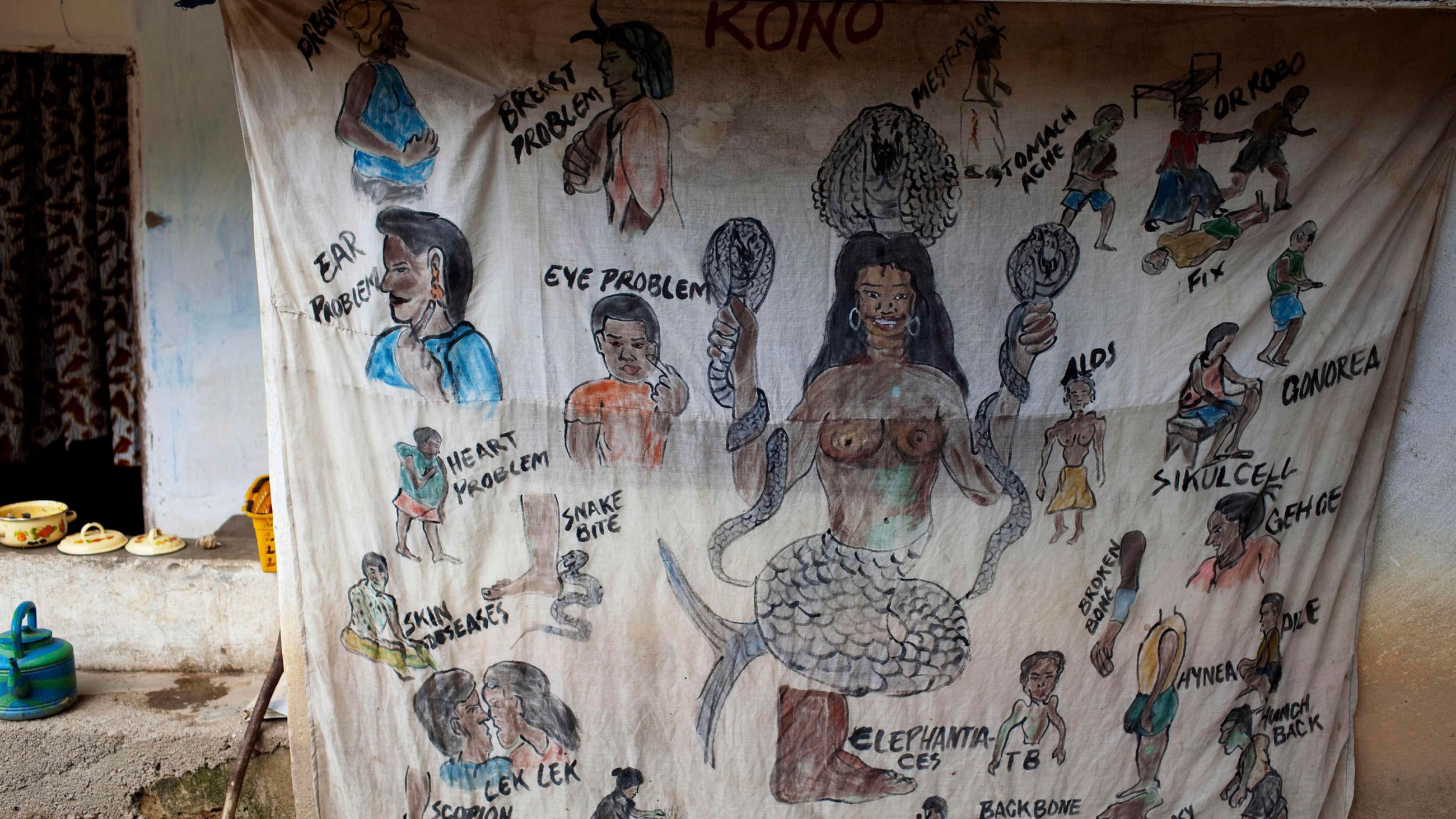 Picture shows a sheet hand drawn with figures and words describing a range of medical conditions that the traditional doctor presumably addresses.