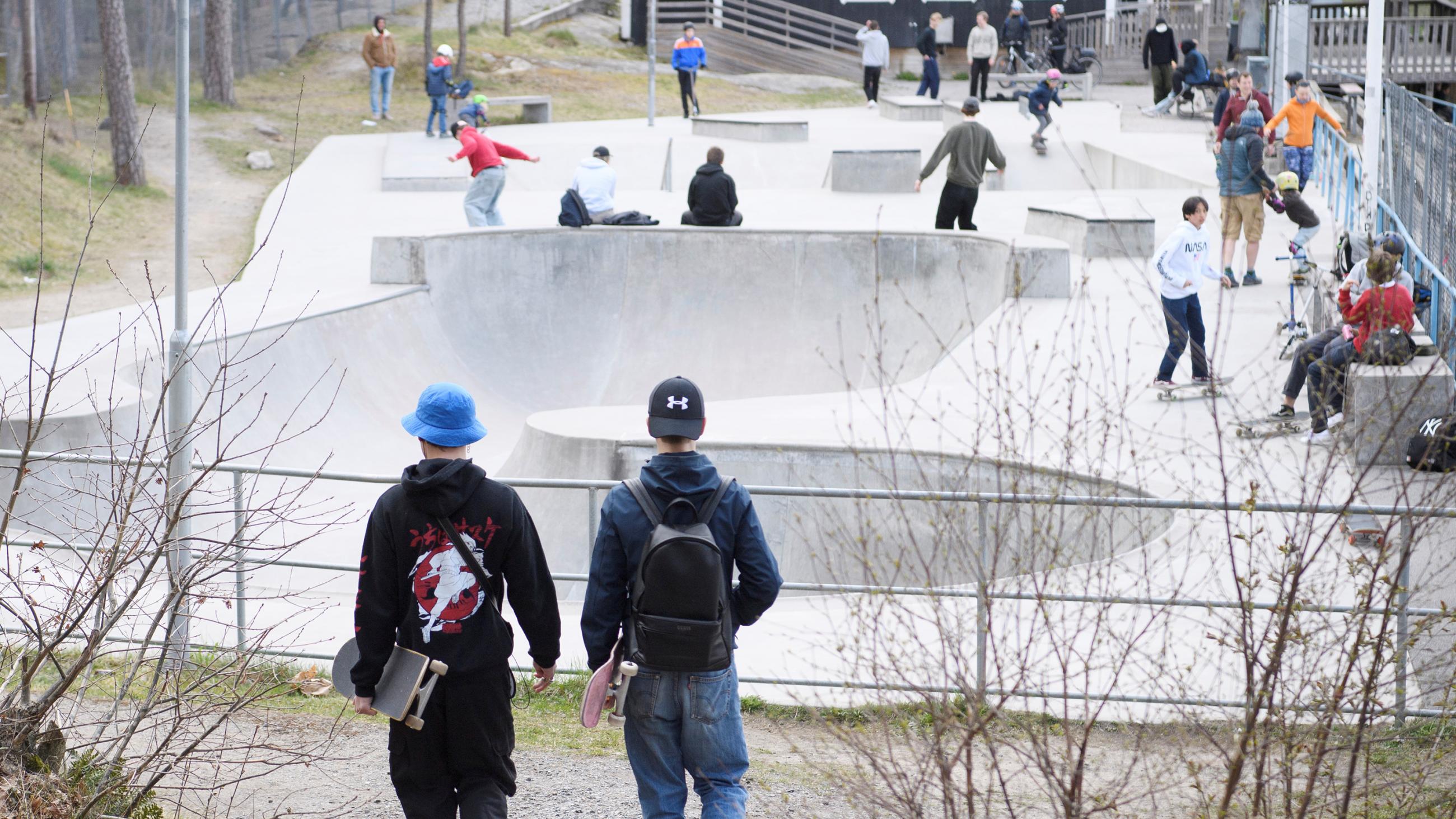 The photo shows a skateboard park that appears to be business as usual.