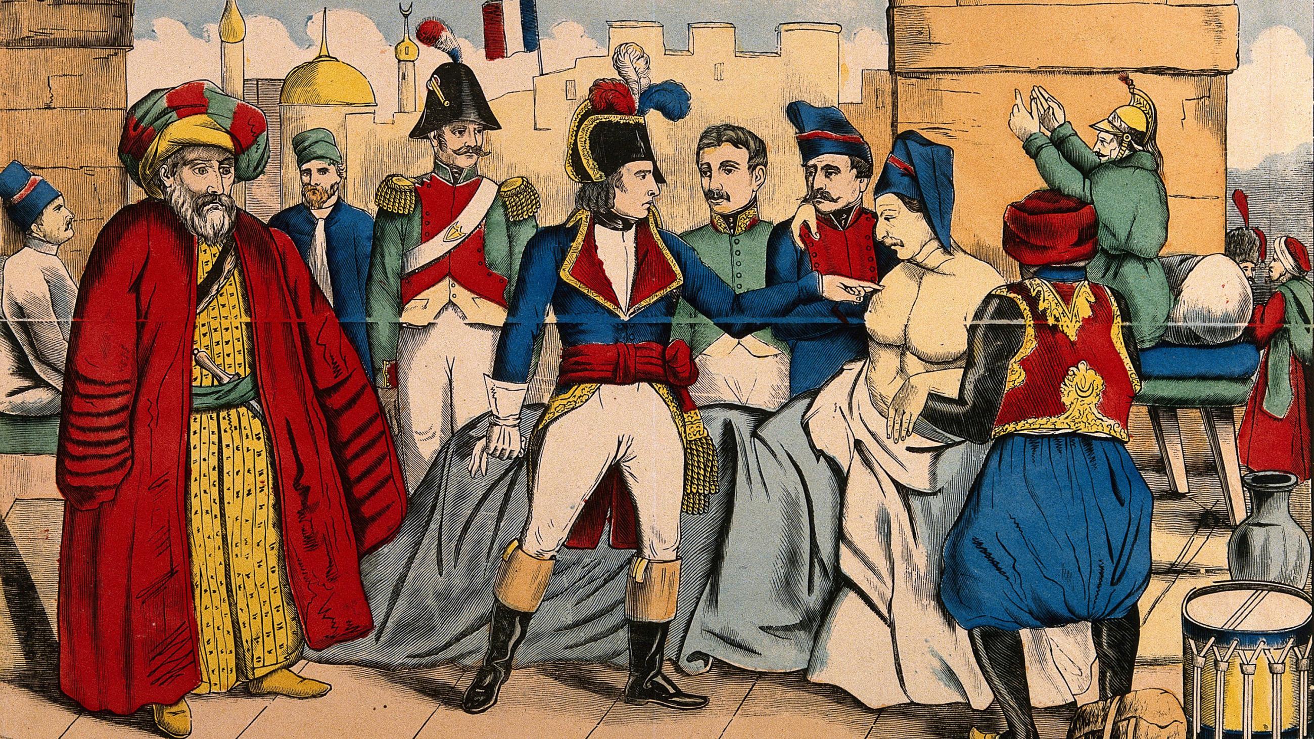 The image is a colorful artist rendition of Napoleon with a plague victim.
