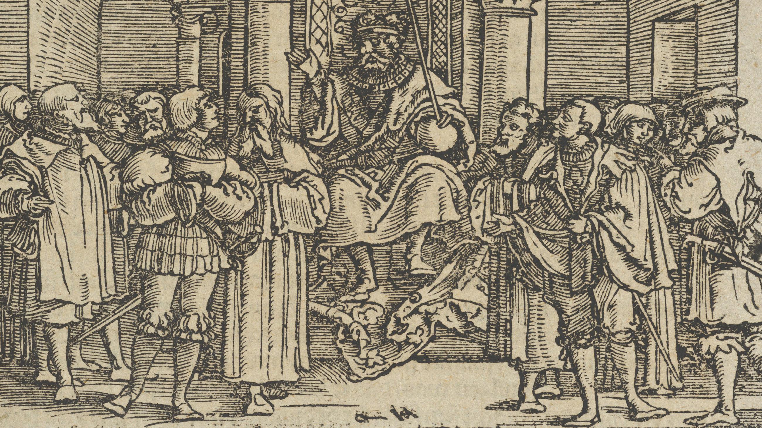The woodcut shows a crowded court with a king on a throne.