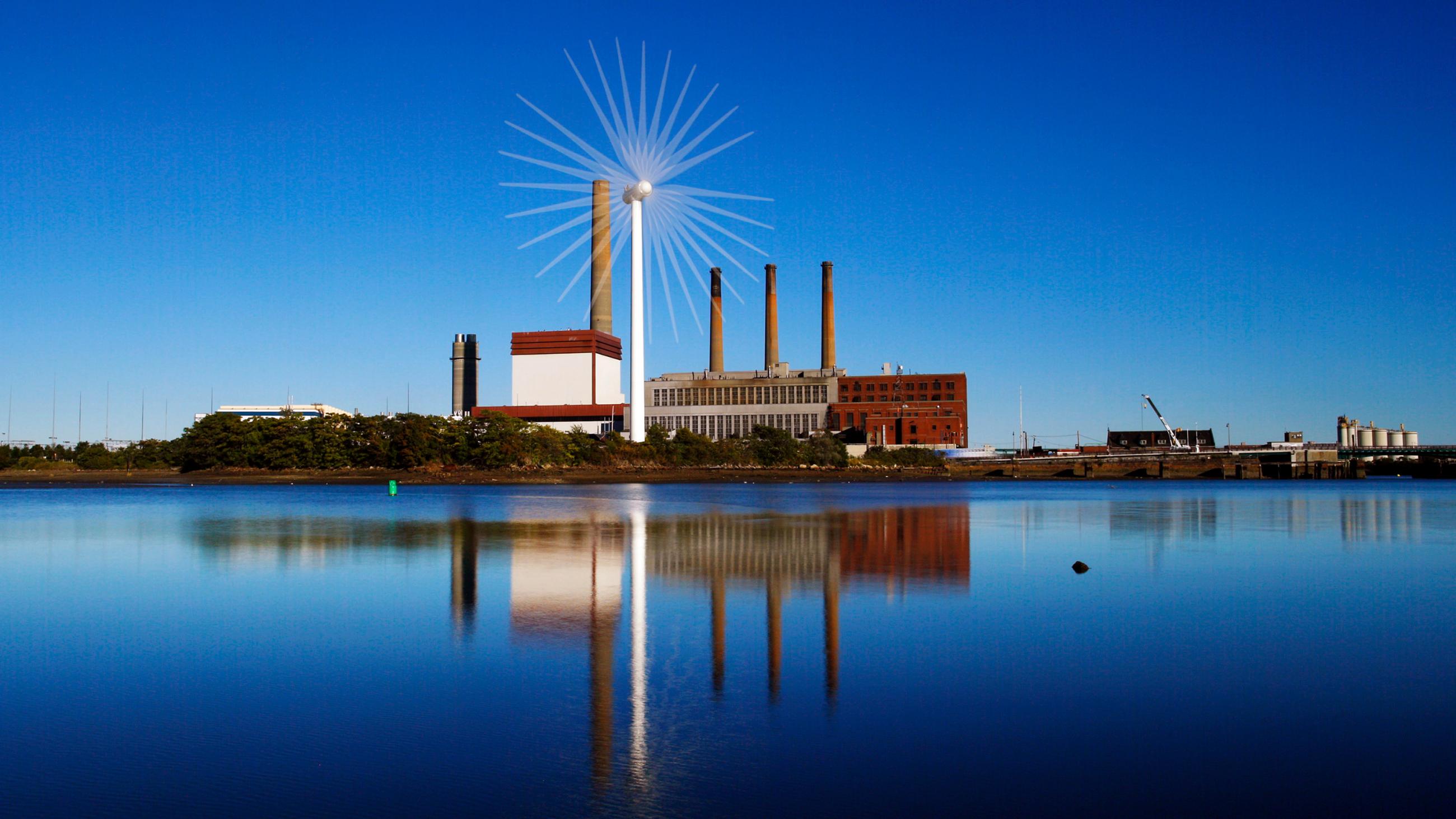 The photo shows a multiple exposure photograph of a wind power plant with the multiple exposures creating the effect of showing the wind turbine blades in different orientations. 