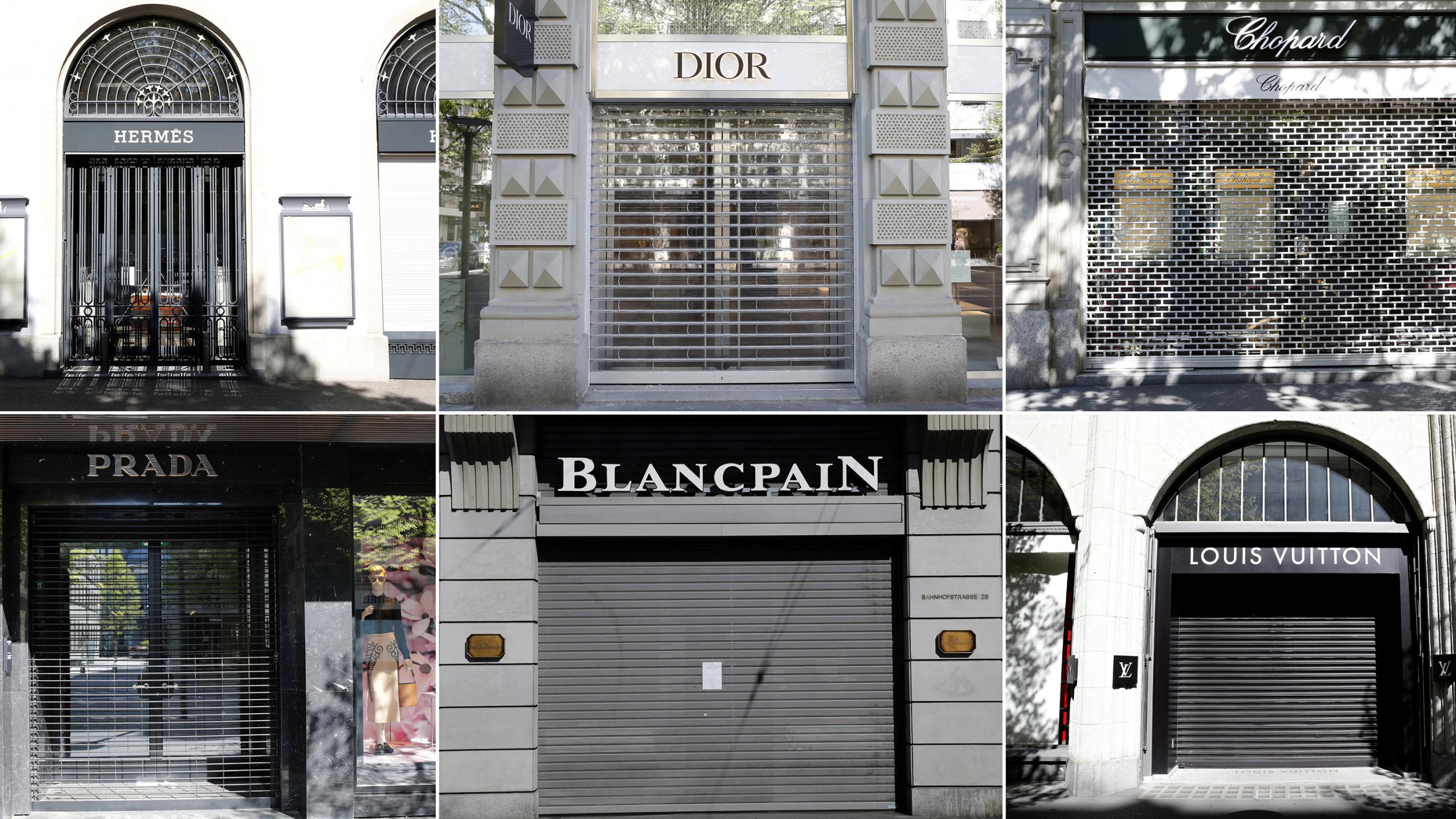 The picture shows from the closed-up front of shops like Cartier, Chanel, Harry Winston, Hermes, Dior, Chopard, Prada, Blancpain and Louis Vuitton. 