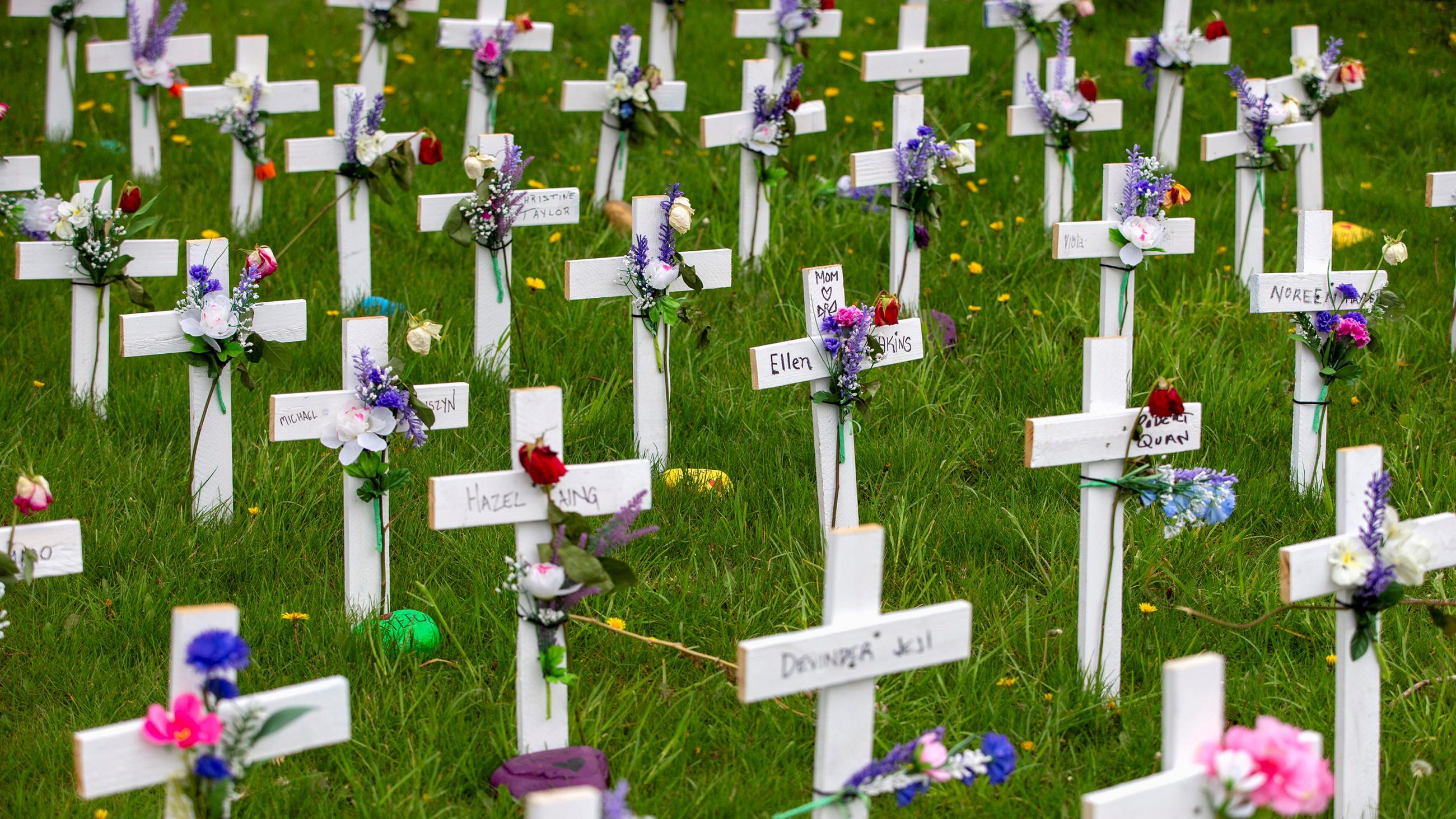 The photo shows a field of simple white wooden crosses, each with a hand-written name and a flower affixed to the front, in a grassy field.
