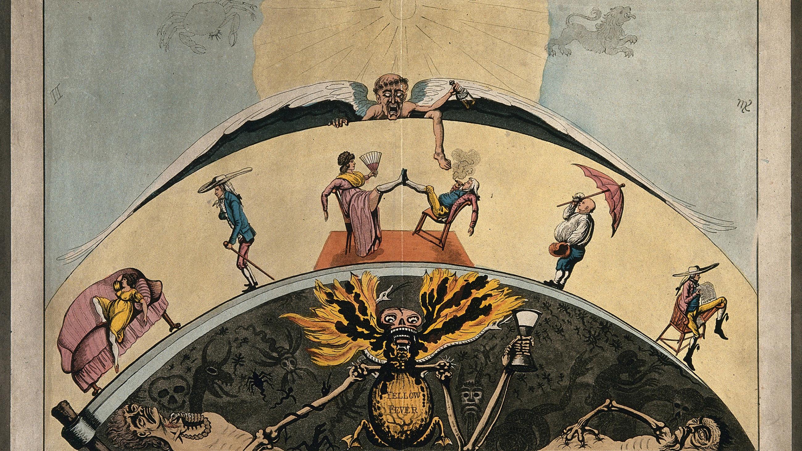  The image is an old color pencil drawing showing people lounging along a circular arc above and a devilish visage emblazoned with the words "Yellow Fever" below. 