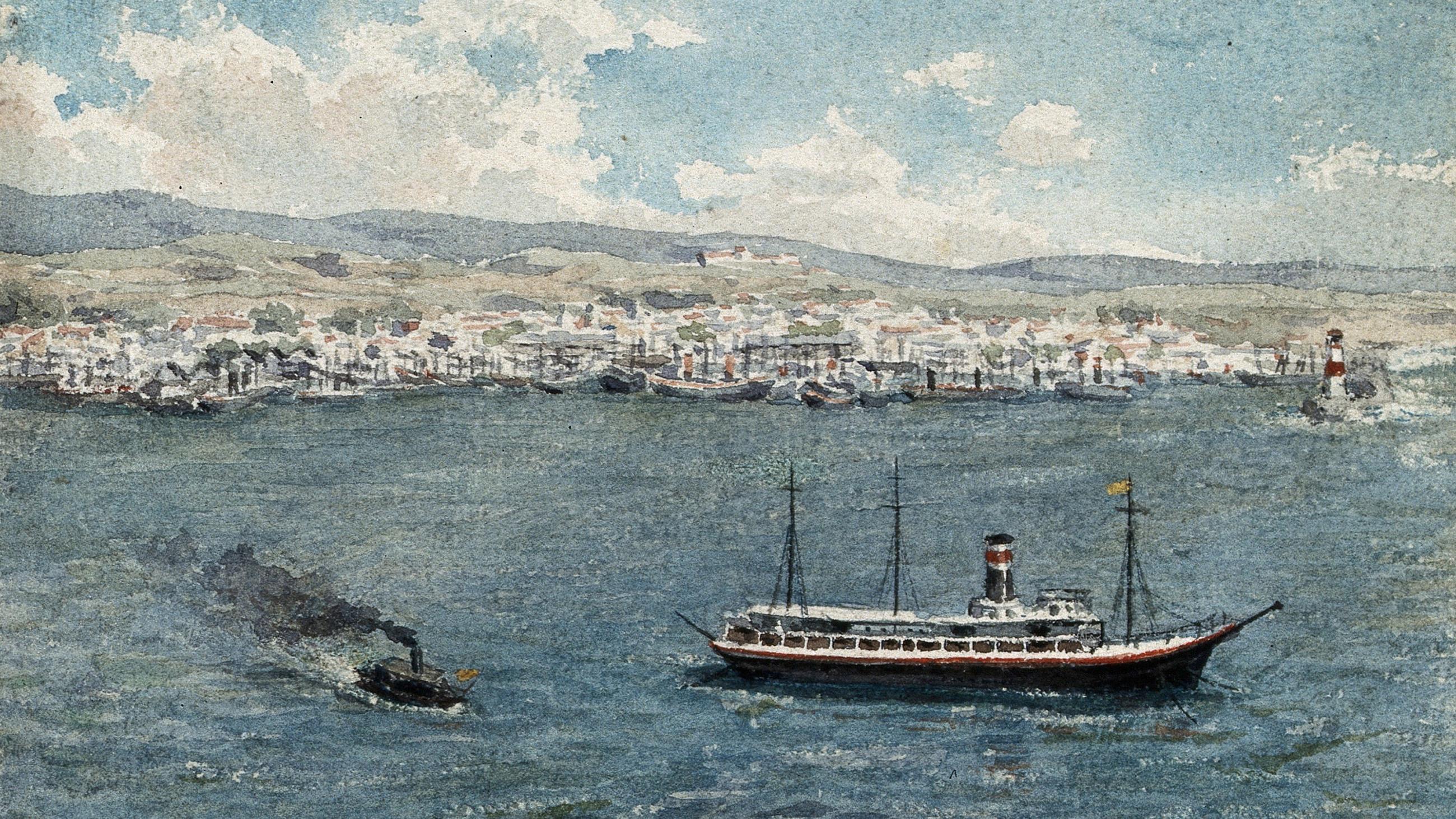 The photo shows a water scene with a ship flying the yellow flag anchored in the open water.
