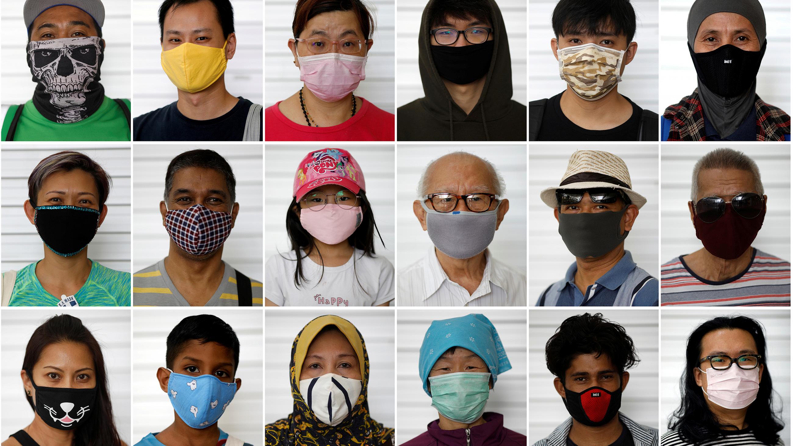 The photo shows an array of people wearing a variety of masks. 