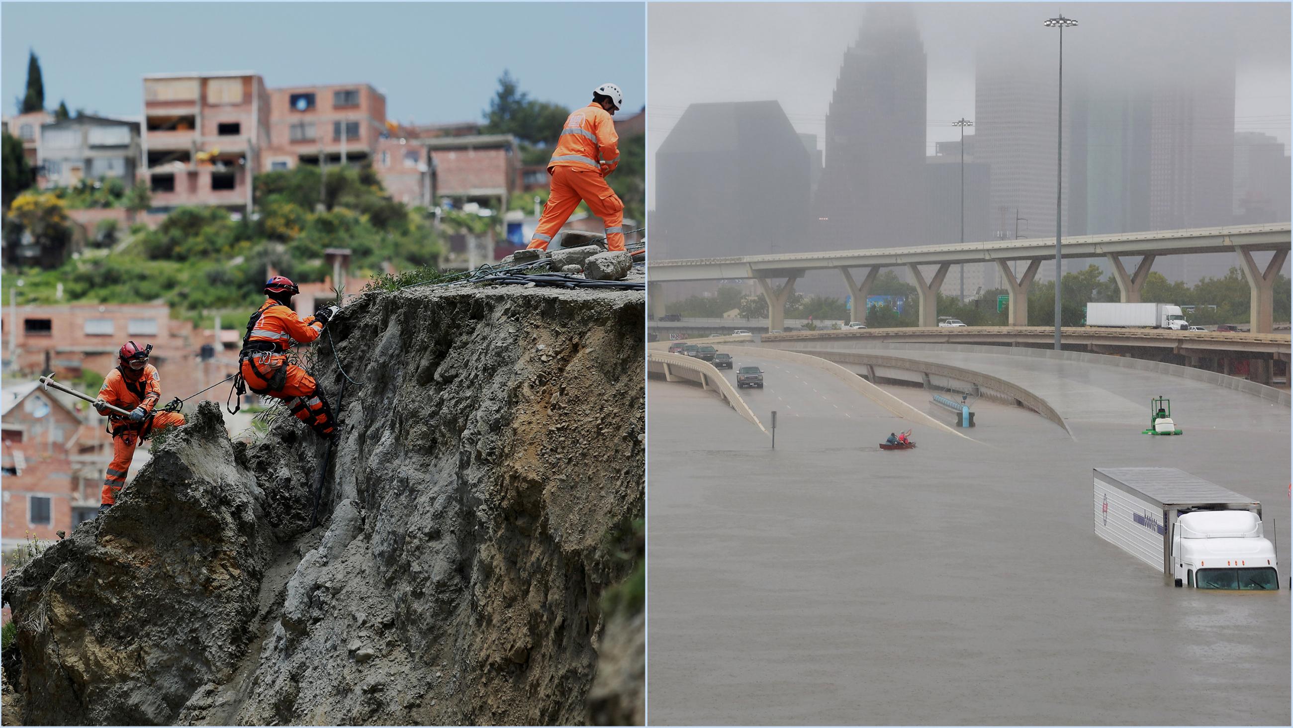 The photo is a split screen showing three men in orange jumpsuits scaling a landslide and a highway interchange flooded so much that an 18-wheeler truck is submerged to its cab.