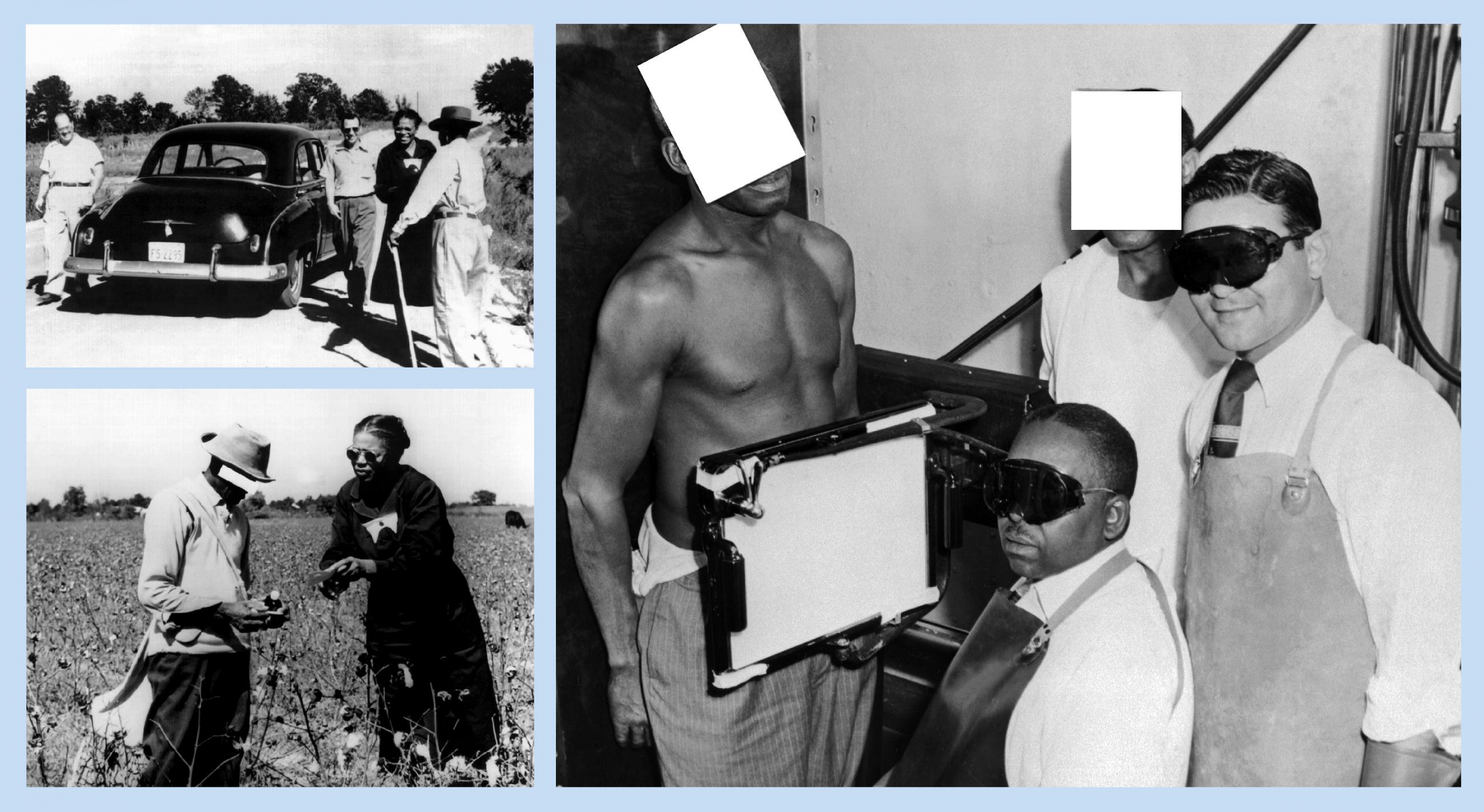 The photos shows health workers and trial participants. In one photo a man behind an X-ray screen whose face has been covered with a square to protect his identity. 