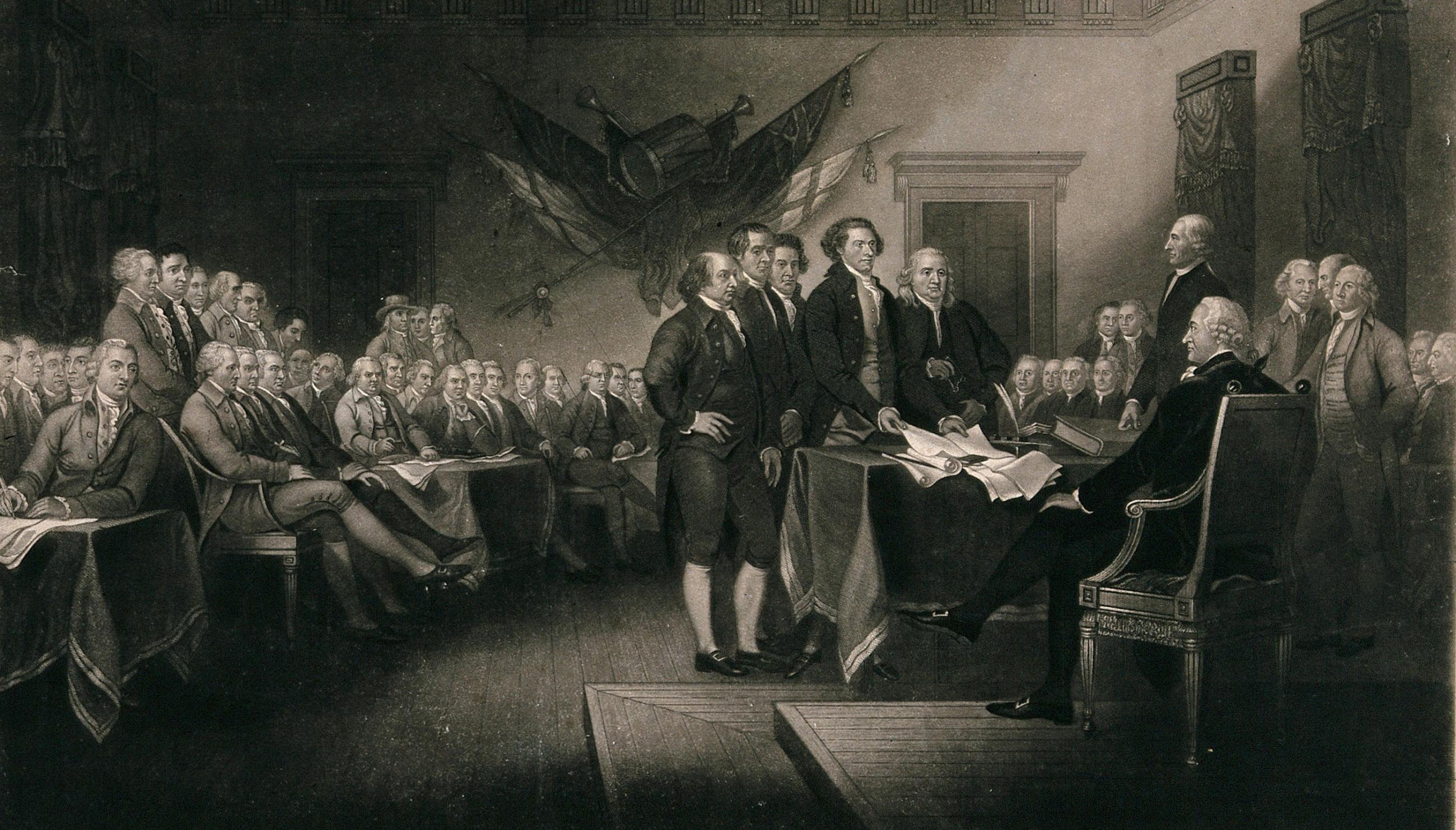 The image is taken from a famous depiction by after J. Trumbull and shows early colonial leaders gathered around the document in Philadelphia. 