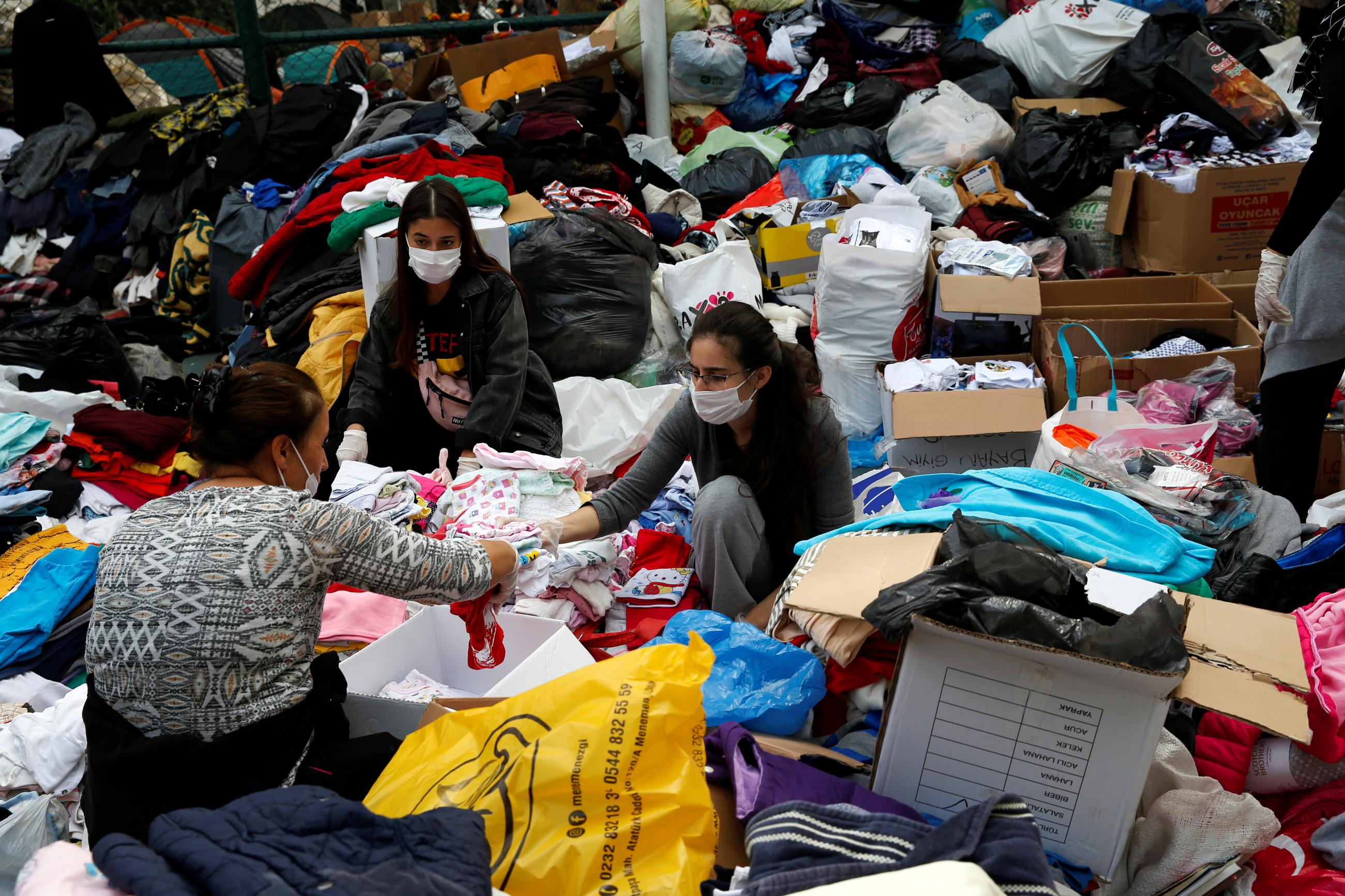 Clothing aid for survivors is collected at a basketball court after an earthquake struck the Aegean Sea, in the coastal province of Izmir, Turkey, November 3, 2020. 