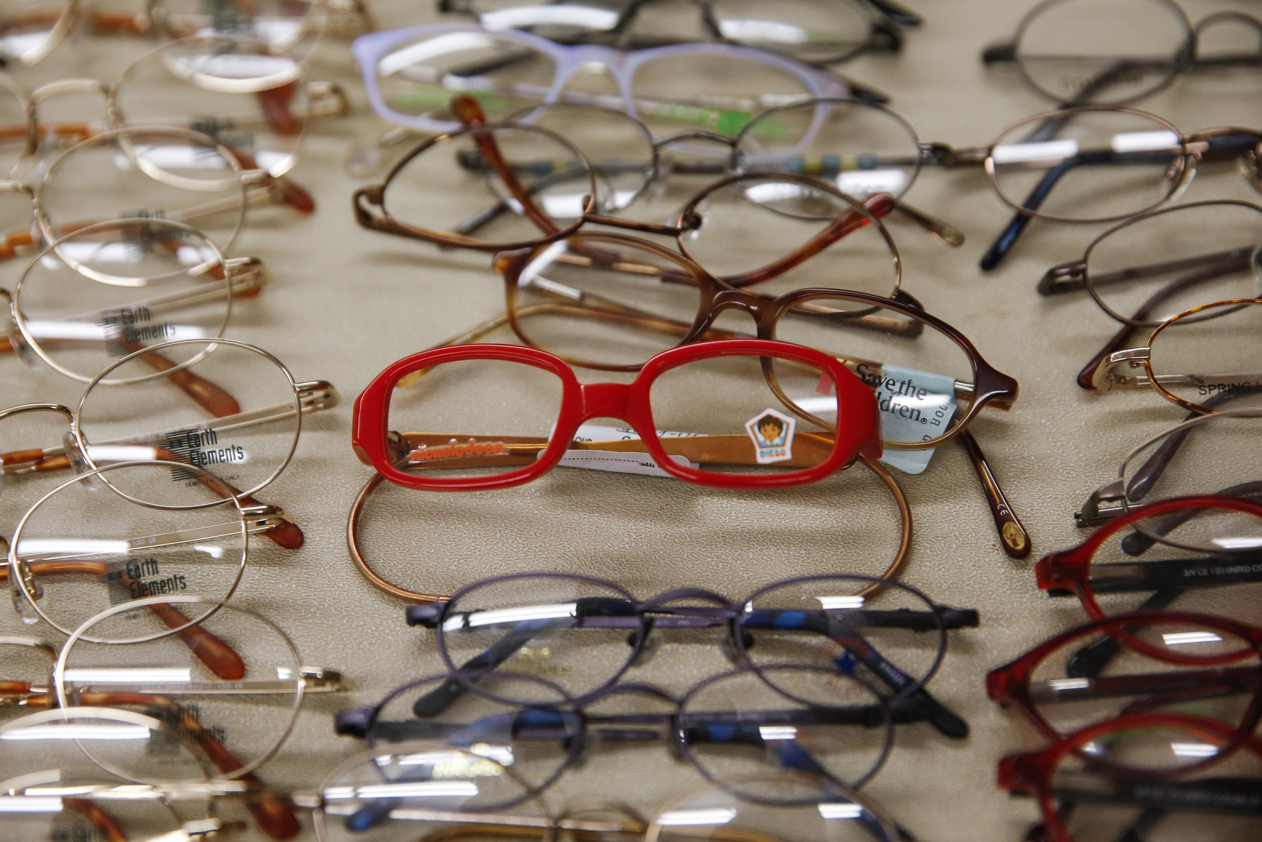 Prescription eye glasses provided for free by Remote Area Medical are seen at the joint health clinic with Operation Lone Star at Palmview High School in Mission, Texas August 5, 2014.