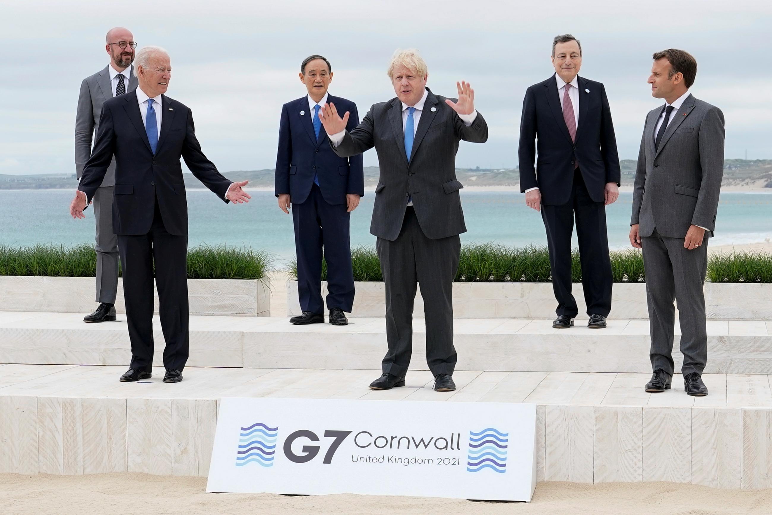 G7 leaders pose for a group photo in Carbis Bay, Cornwall, Britain on June 11, 2021. Patrick Semansky/Pool via REUTERS