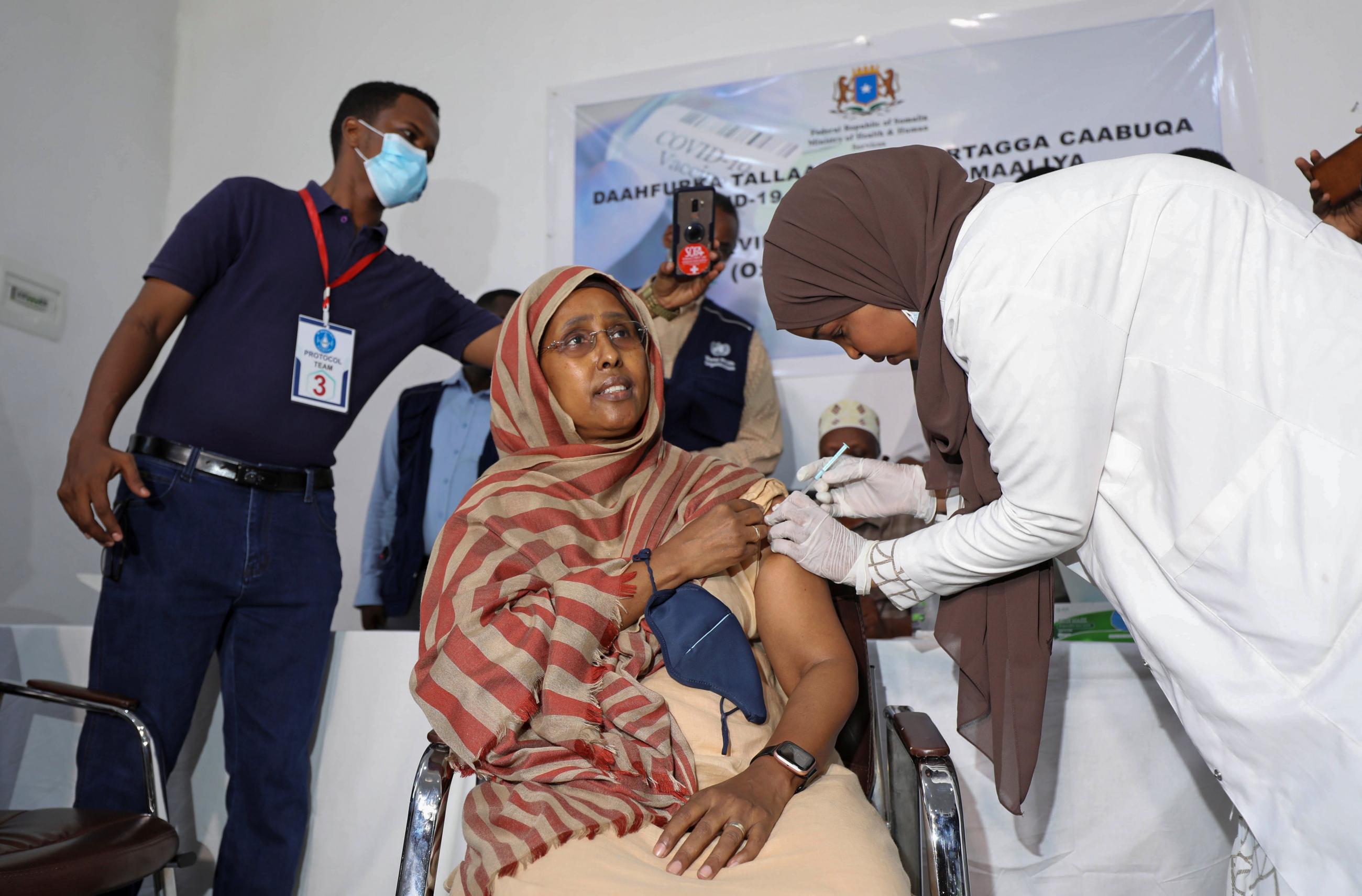 Somalia's health minister Fawziya Abikar Nur receives the AstraZeneca/Oxford vaccine (supplied via COVAX) at the Martini Hospital in Mogadishu, Somalia on March 16, 2021. REUTERS/Feisal Omar