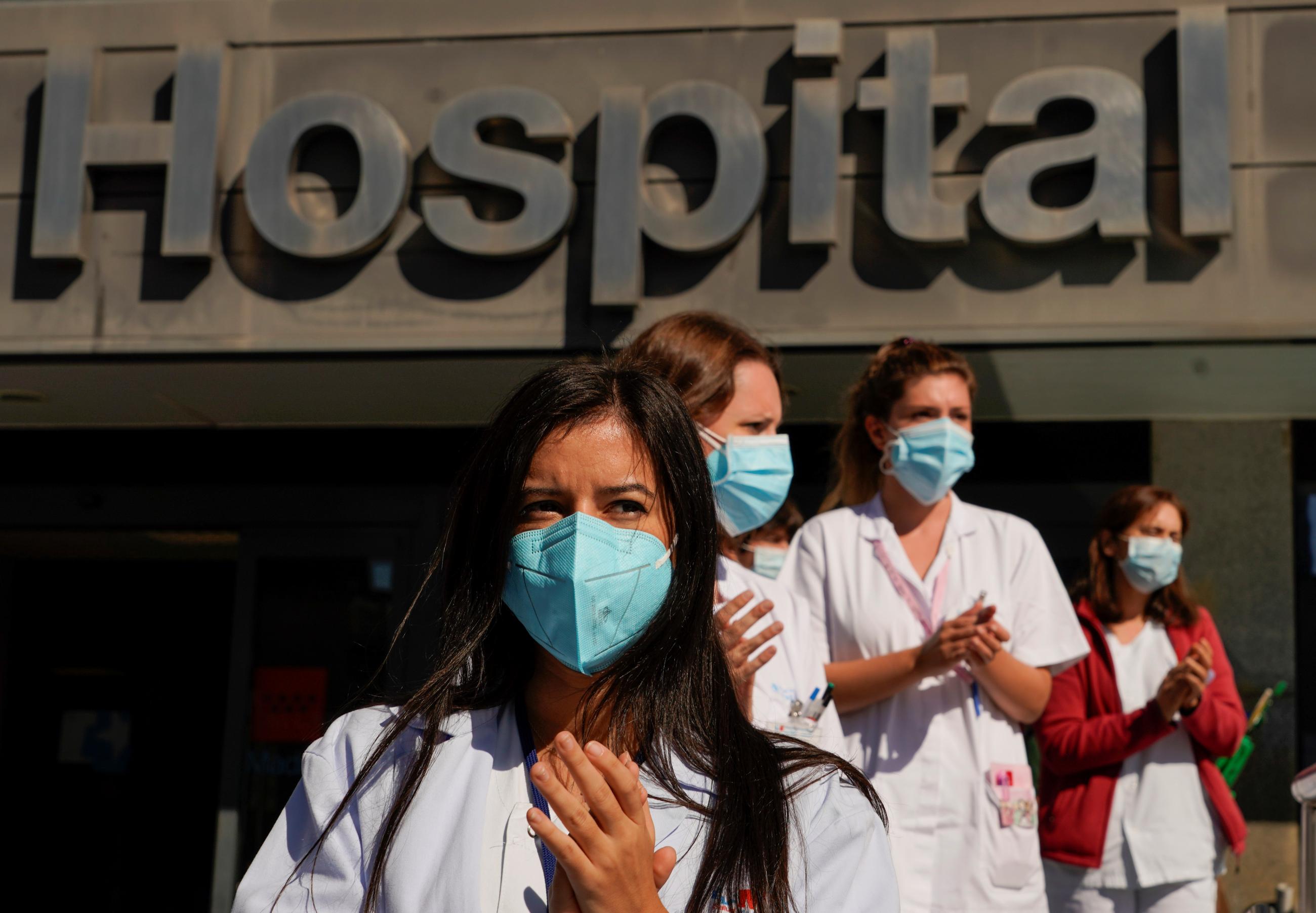 Nurses protest during a strike demanding better working conditions outside La Paz hospital during a partial lockdown amid the coronavirus disease outbreak in Madrid, Spain, on October 7, 2020.