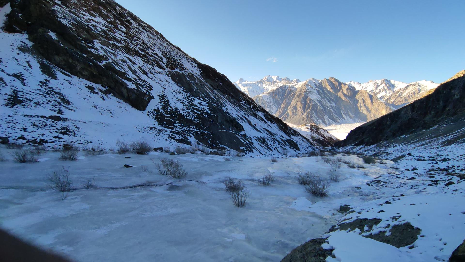A snowy artificial glacier is seen in the Zanskar valley.