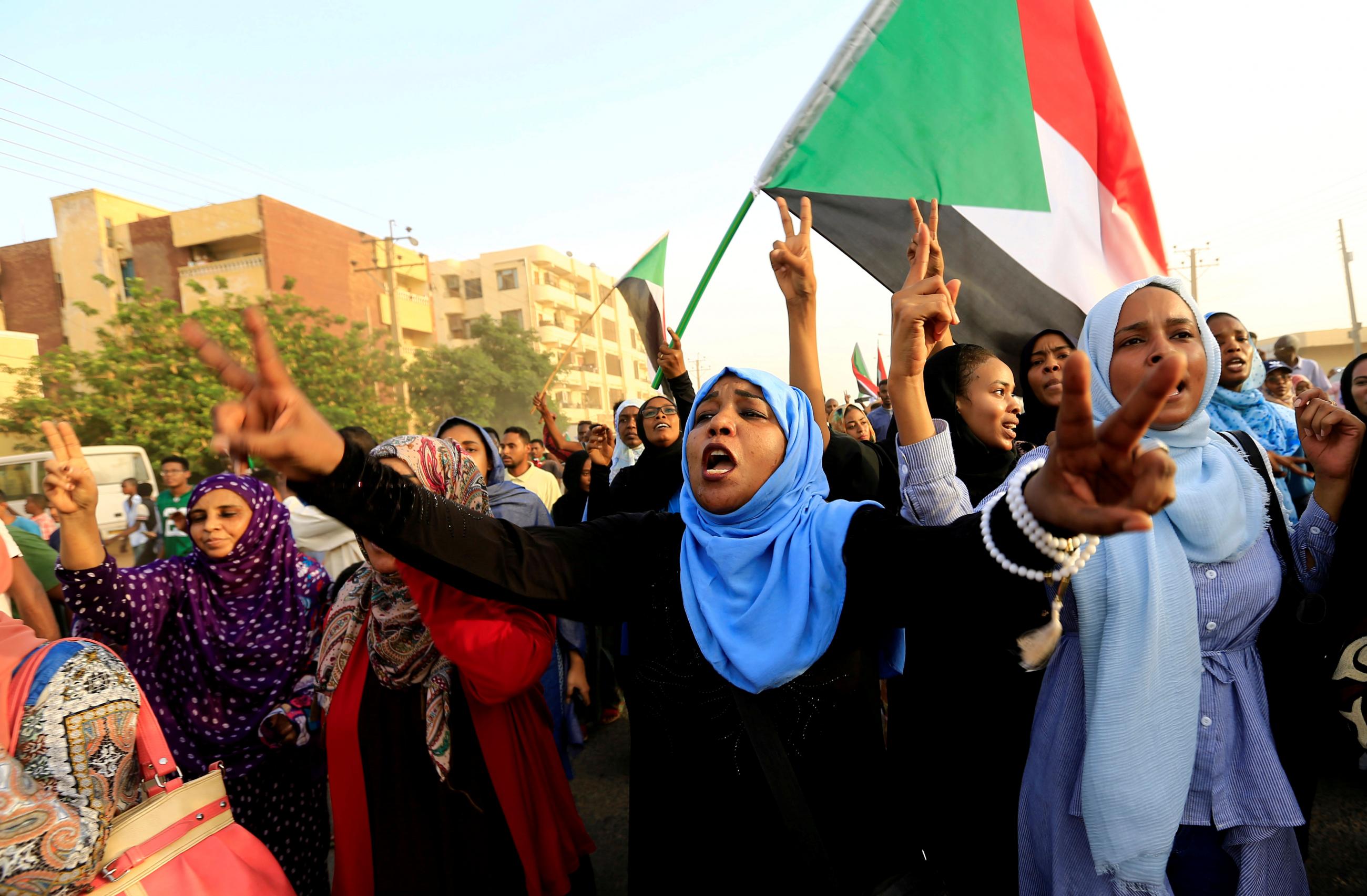 Sudanese protesters march during a demonstration to commemorate 40 days since the sit-in massacre in Khartoum, Sudan. Photo taken on July 13, 2019.