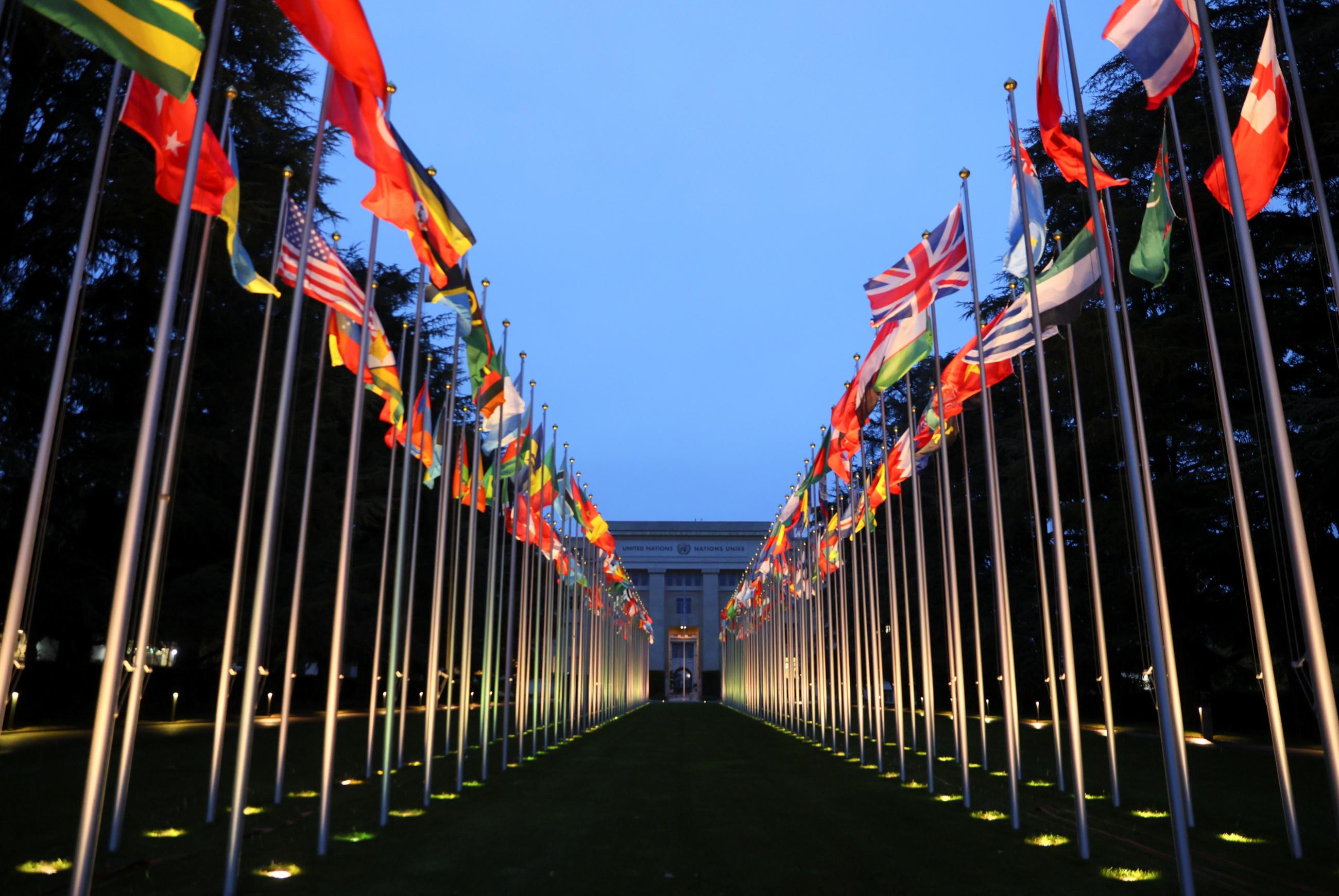 Flags flutter ahead of the launch of a joint investigation into alleged violations of international human rights, humanitarian and refugee law committed by all parties to the conflict in the Tigray region of Ethiopia, at the United Nations in Geneva, Switzerland, November 3, 2021. 