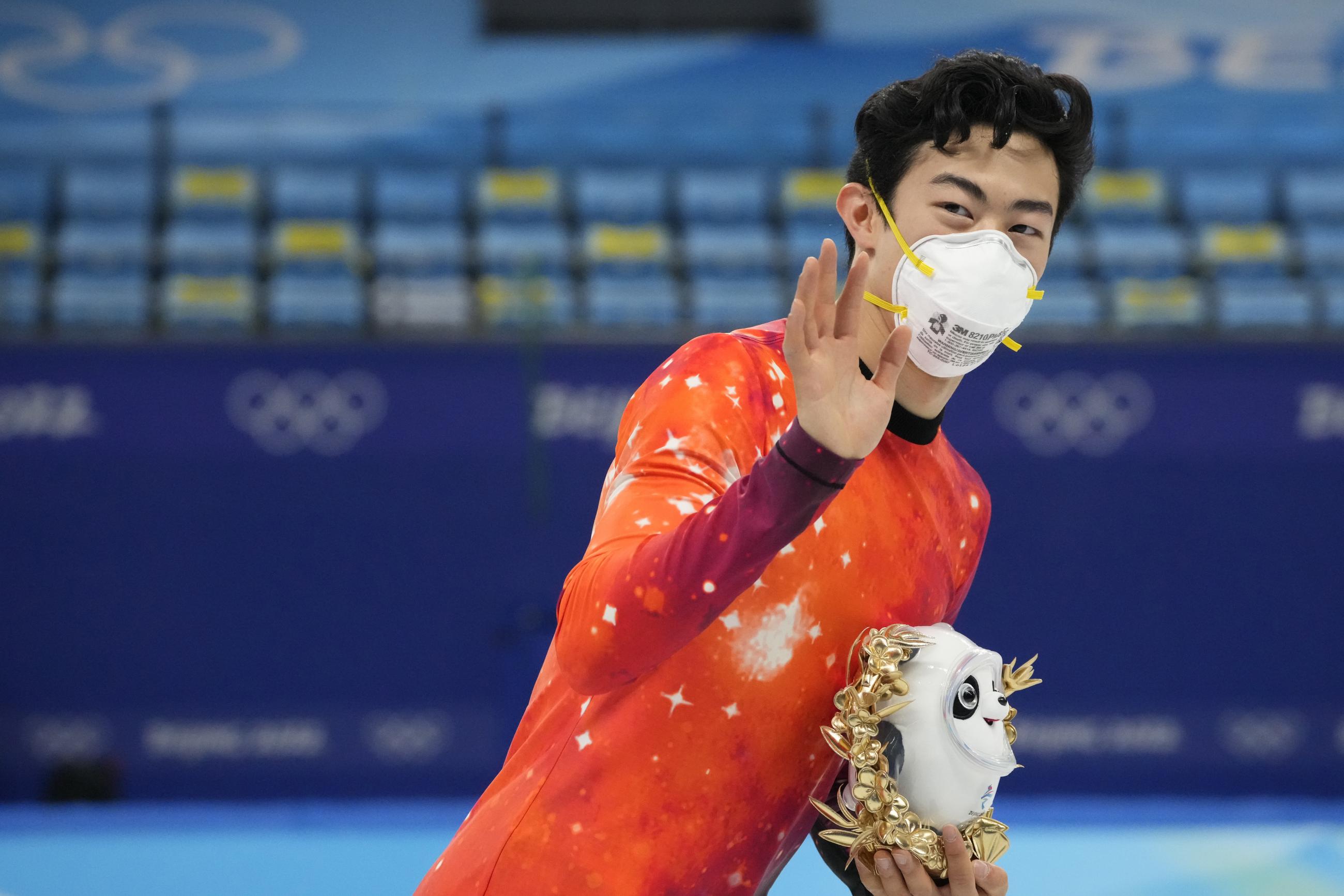 Gold medalist Nathan Chen (USA) after the mens singles free program at the Beijing 2022 Olympic Winter Games, Capital Indoor Stadium, February 10, 2022.