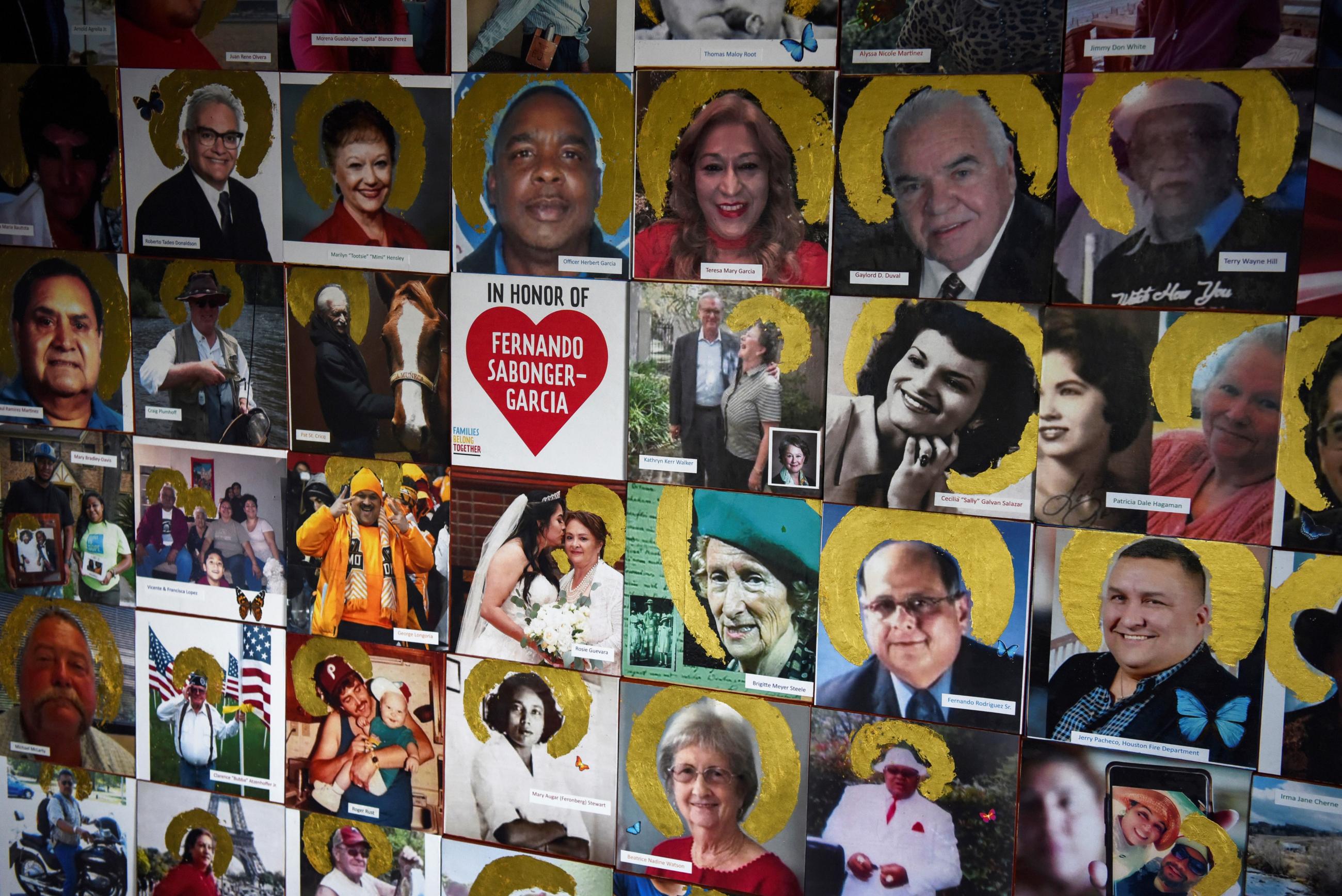 A portion of a mural, which displays images of people who have died of coronavirus disease (COVID-19), is seen in Joni Zavitsanos' art studio as the country reaches 600,000 deaths in Houston, Texas, U.S., June 10, 2021. 
