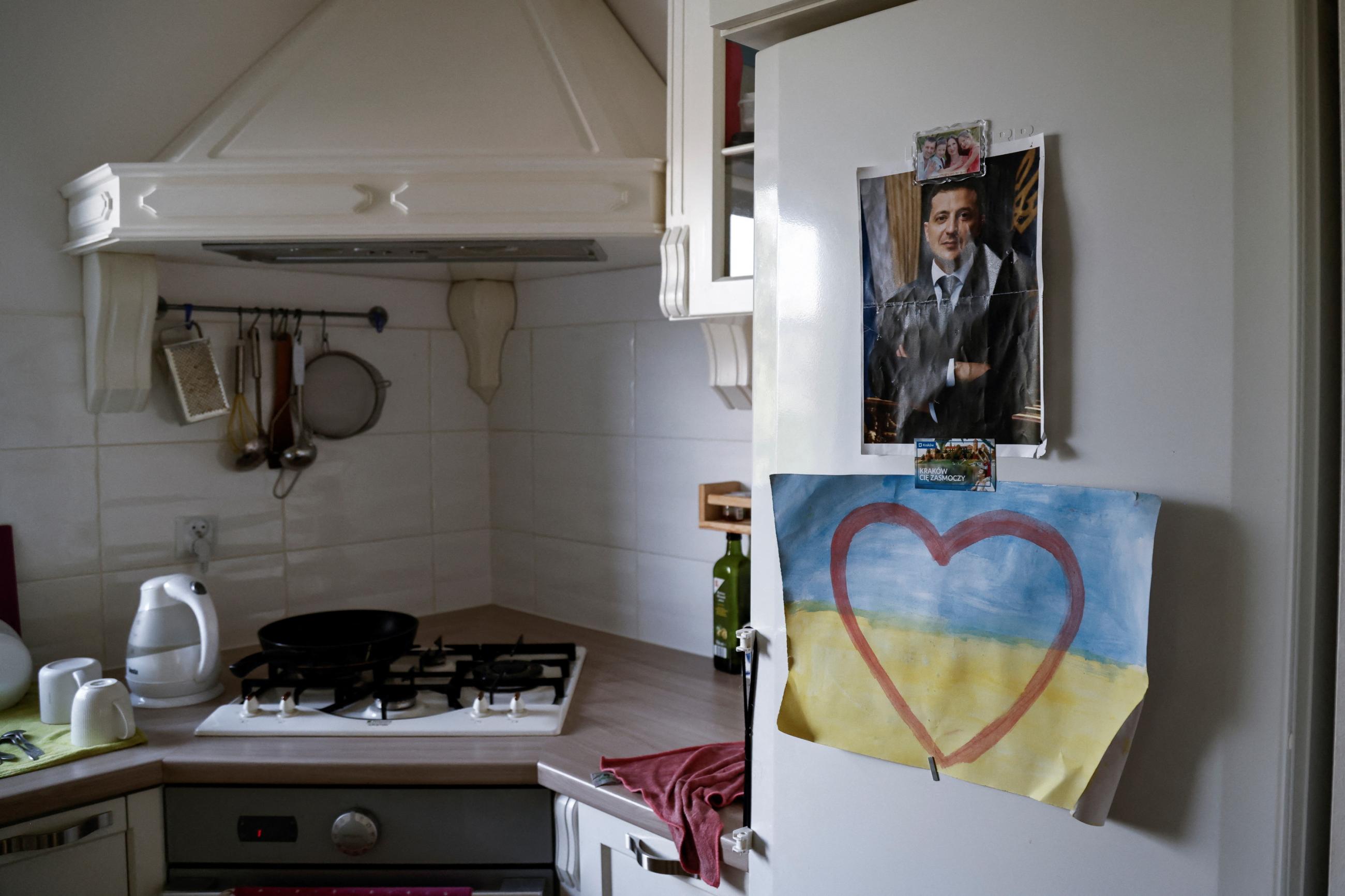 A poster of Ukrainian President Volodymyr Zelensky is pined on a refrigerator at Tatiana Afanasieva’s flat in Poznan, Poland August 18, 2022.