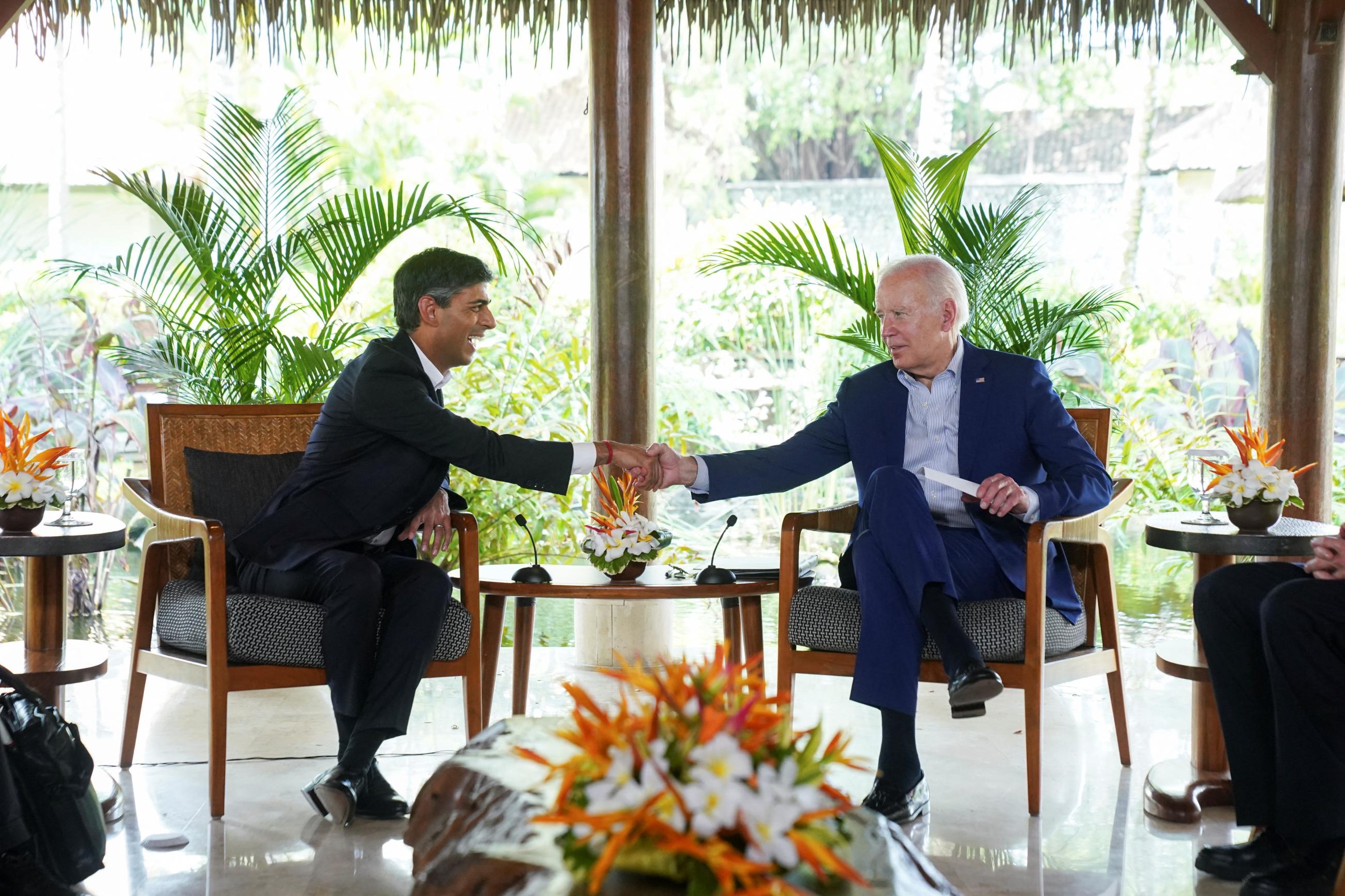 U.S. President Joe Biden meets with British Prime Minister Rishi Sunak on the sidelines of the G20 Leaders' summit in Bali, Indonesia, on November 16, 2022.
