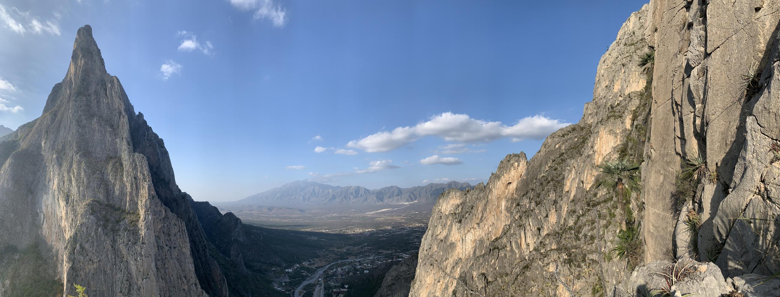 The view of Hidalgo from Treasure of Sierra Madre, a rock climb in El Potrero Chico Canyon. January 1, 2023.