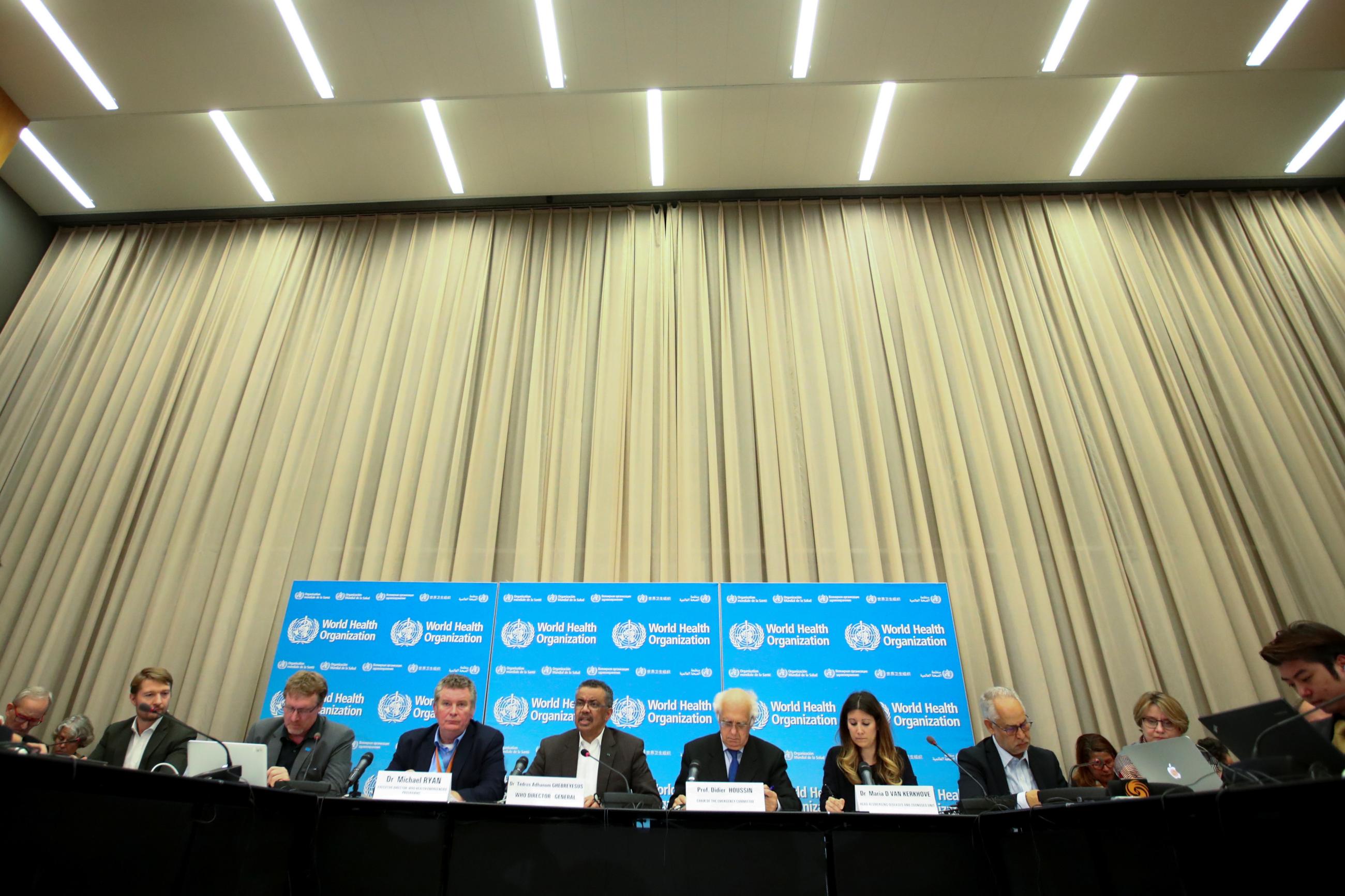 Director-General of the World Health Organization (WHO) Tedros Adhanom Ghebreyesus, Executive Director of the WHO Health Emergencies Programme Michael J. Ryan, Head a.i. Emerging Diseases and Zoonosis at the World Health Organization (WHO) Maria Van Kerkhove and Chair of the Emergency Committee Didier Houssin, attend a news conference after a meeting of the Emergency Committee on the novel coronavirus (2019-nCoV) in Geneva, Switzerland, on January 30, 2020. REUTERS/Denis Balibouse