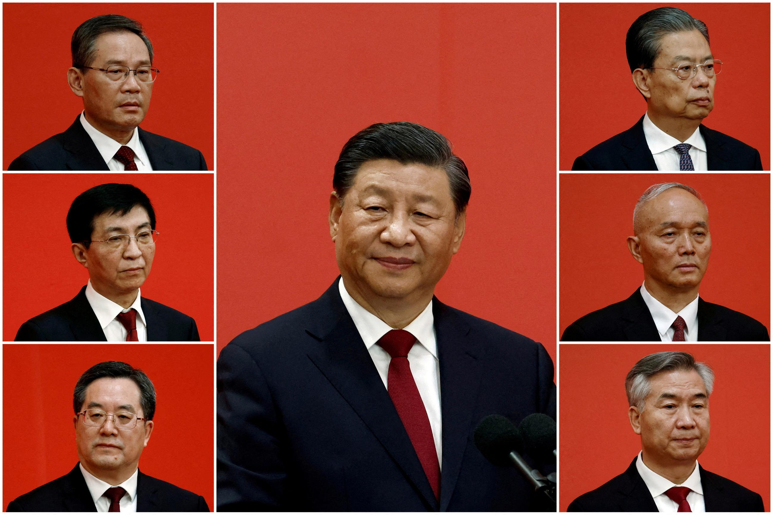 A combination picture shows Chinese leaders Xi Jinping, Li Qiang, Zhao Leji, Wang Huning, Cai Qi, Ding Xuexiang, and Li Xi meeting the media following the 20th National Congress of the Communist Party of China, at the Great Hall of the People in Beijing, China, on October 23, 2022. 