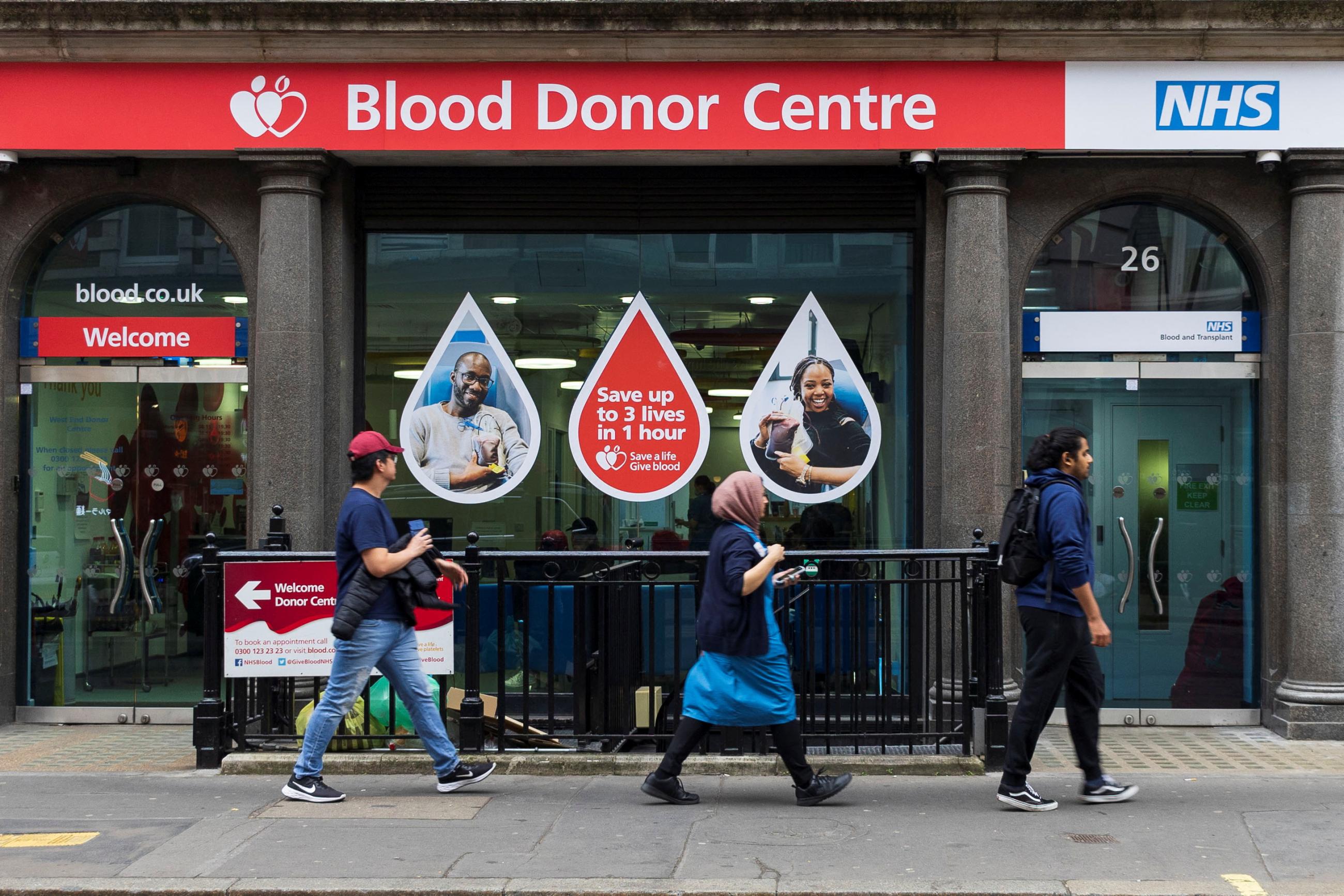 Donors enter a NHS Blood Donor Center, following the announcement of the re-balloting voted in the long-running dispute over pay and staffing, in London ,Britain, on February 19, 2023.