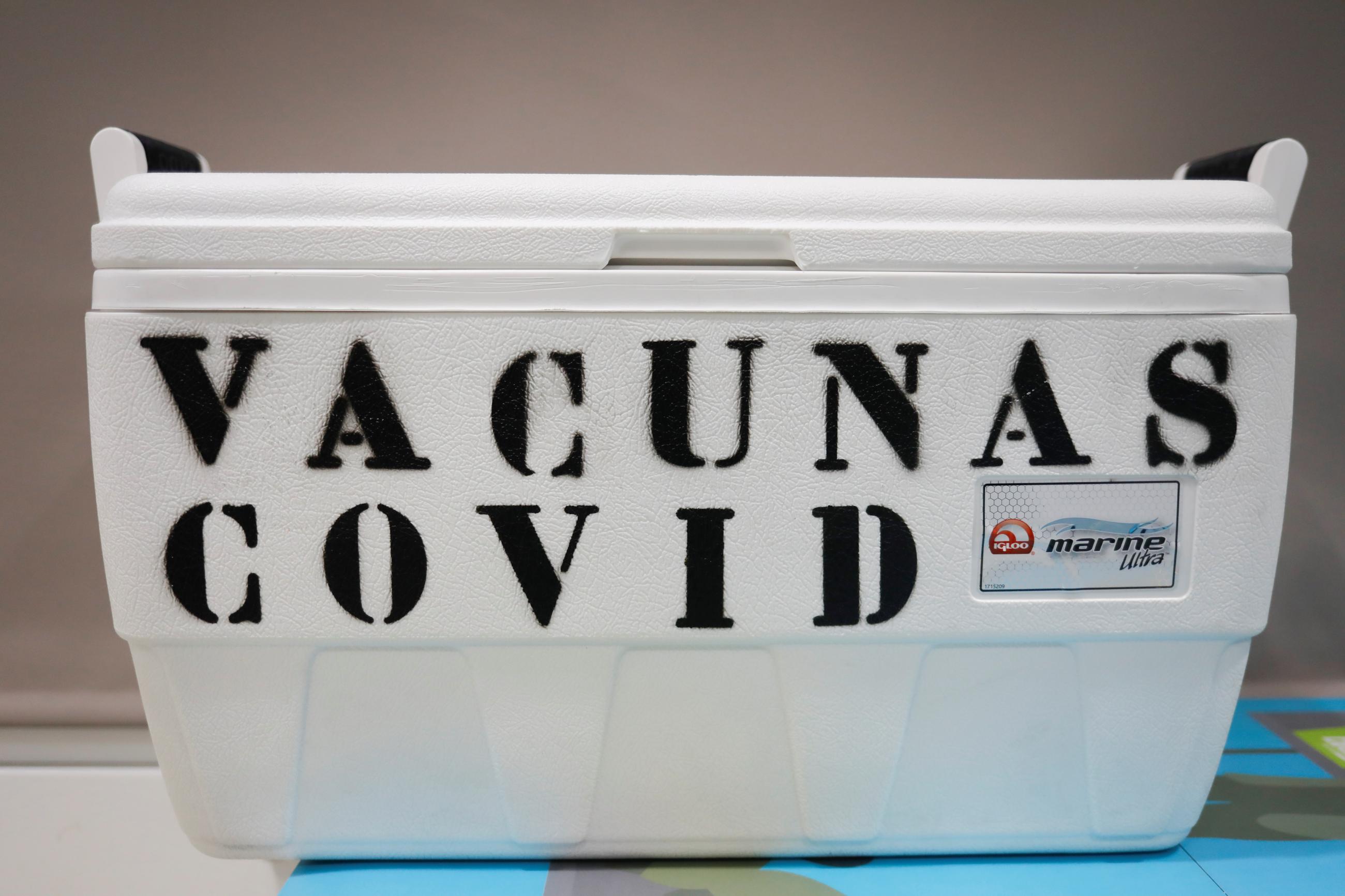A box to keep the cold chain of Pfizer-BioNTech and Moderna COVID-19 vaccines is seen at the Spanish pharmaceutical distributor 'Bidafarma' Granada warehouse, amid the coronavirus disease (COVID-19) outbreak, in Santa Fe, near Granada, southern Spain, on February 1, 2021.